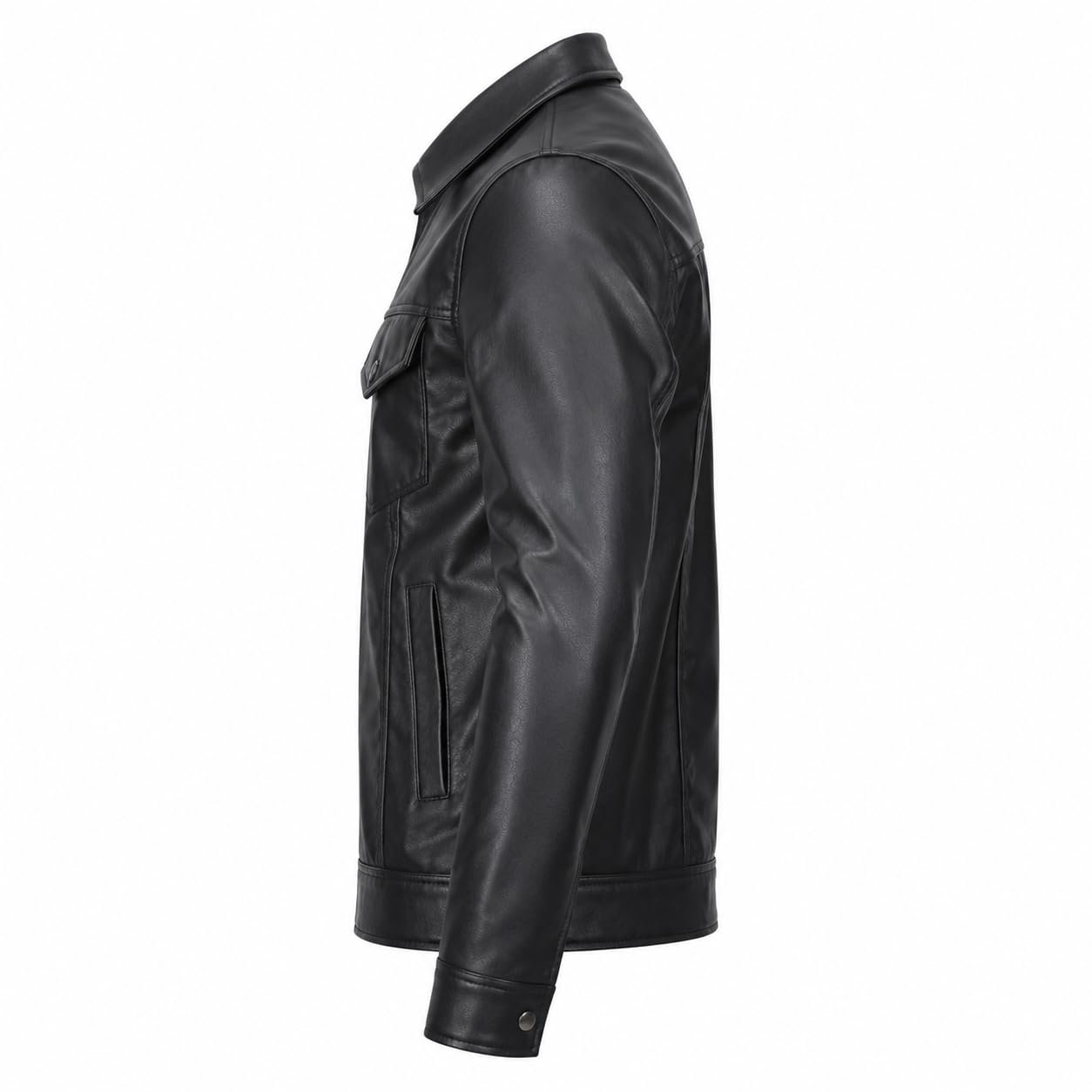 Men's Casual Black Faux Leather Jacket | Shirt Collar Fashion Jacket with Chest Pockets (IN, Alpha, Regular)