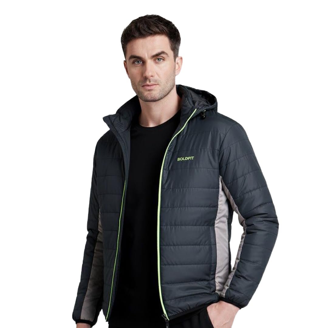 Men's Quilted Polyester Standard Length Jacket Monsoon Winter Wear Hooded Winter Padded Bomber Full Sleeve Jacket Black Charcoal 2XL