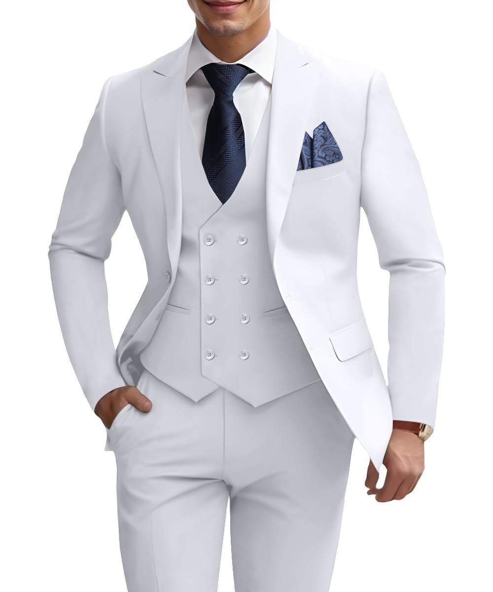 Mens 3 Piece Slim Fit Suit Set, Double Breasted Blazer Vest Pants Business Tuxedo Dress, White, XS