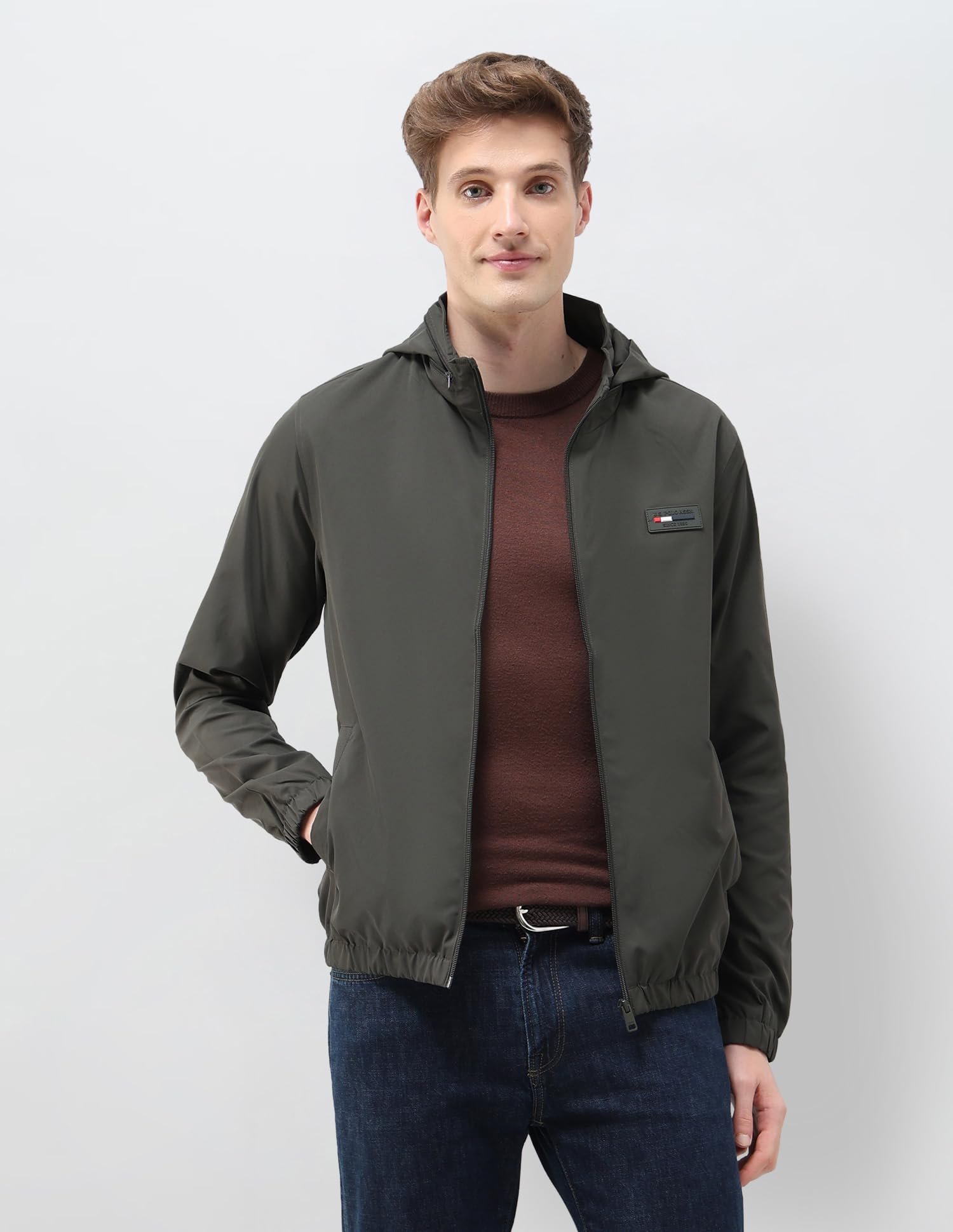 Mens Transitional Jacket With Conceled Hood Full Sleeve Jackets (USJCKS030_DK-OLIVE)