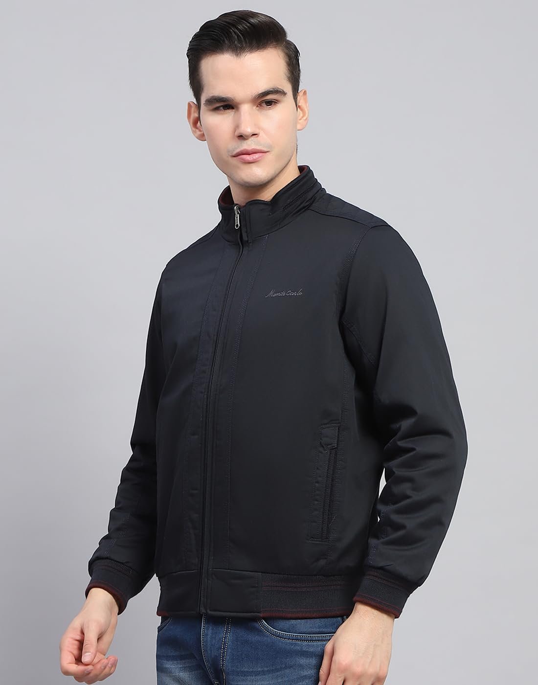 Mens Navy Blue Solid Mock Neck Full Sleeve Reversible Jacket (224066856-1-46)
