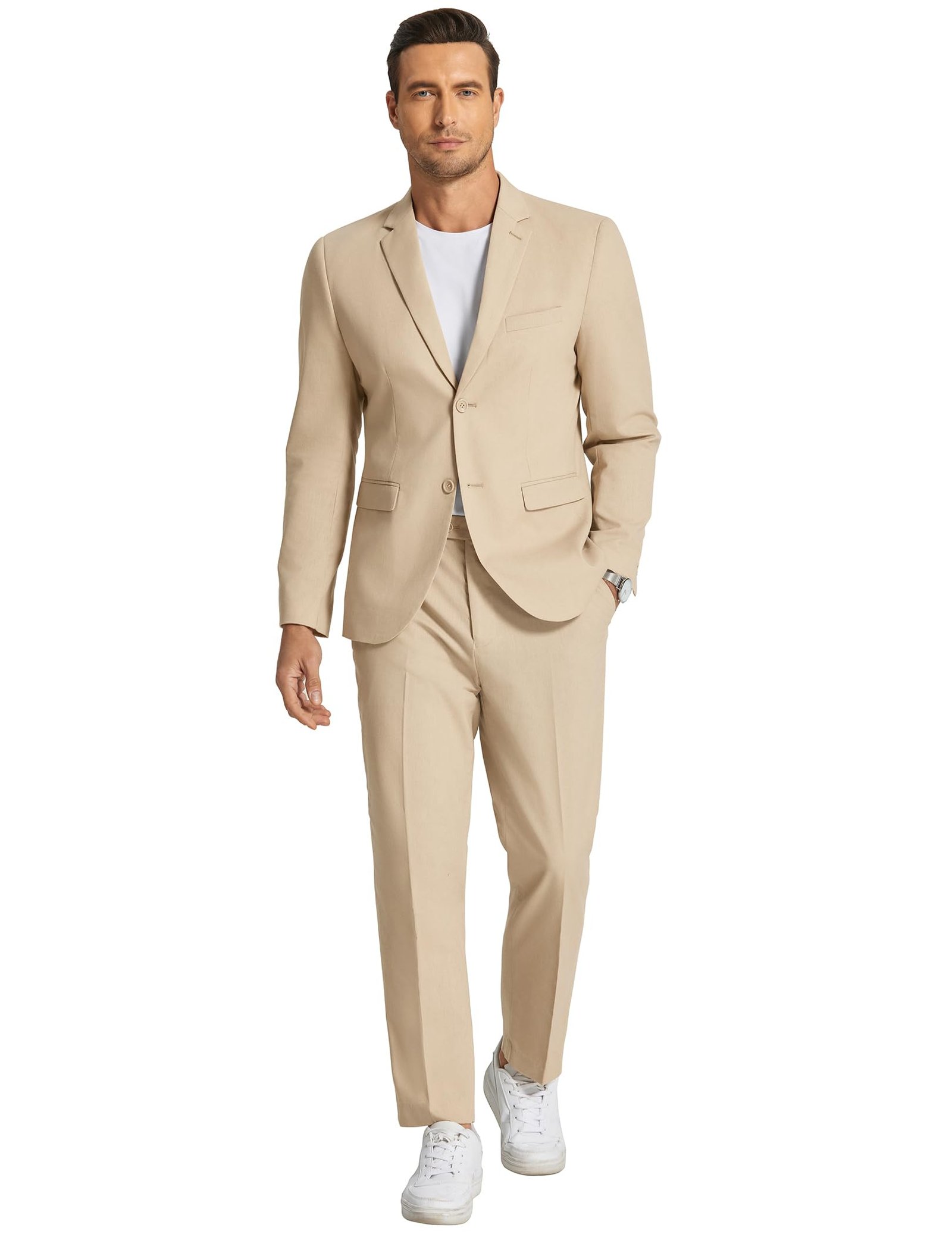 Men 2 Piece Cotton Linen Suits Set Casual Lightweight Blazer Jacket Regular Fit Suit Pants, Khaki