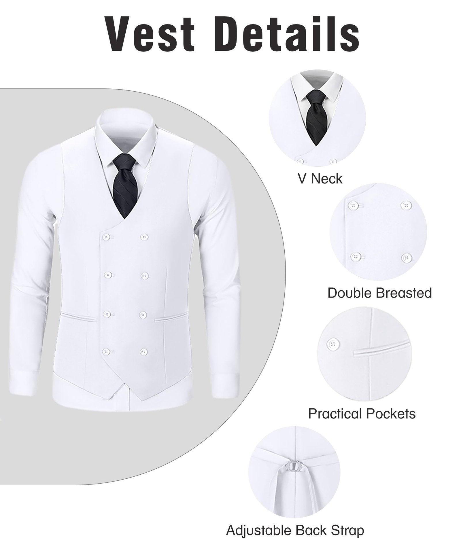Mens 3 Piece Slim Fit Suit Set, Double Breasted Blazer Vest Pants Business Tuxedo Dress, White, XS