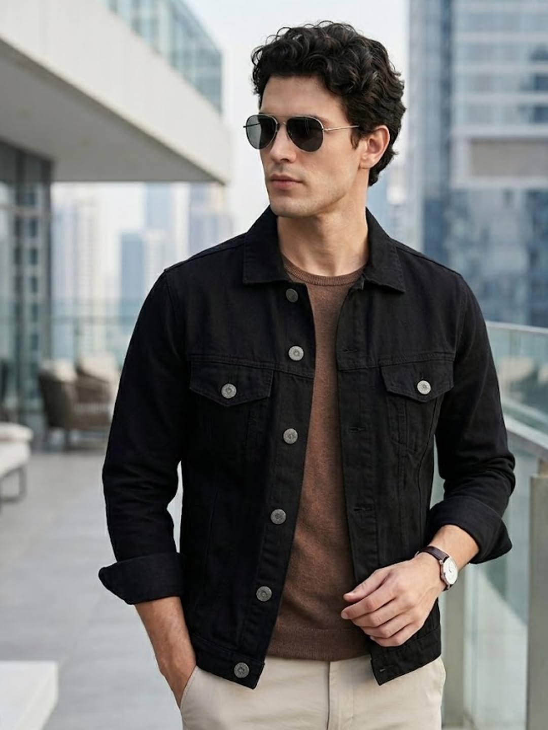 Men's Black Solid Regular Fit Washed Full Sleeve Denim Jacket (jakt-denim-black)