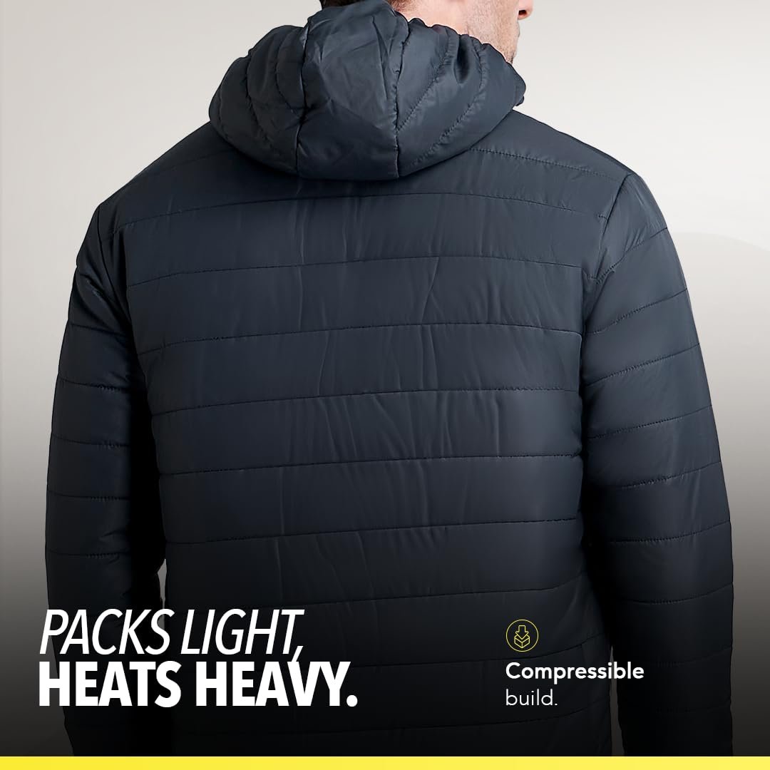 Men's Quilted Polyester Standard Length Jacket Monsoon Winter Wear Hooded Winter Padded Bomber Full Sleeve Jacket Black Charcoal 2XL