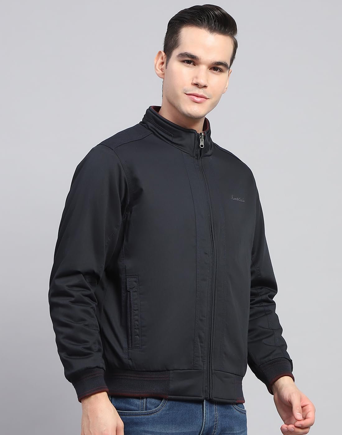 Mens Navy Blue Solid Mock Neck Full Sleeve Reversible Jacket (224066856-1-46)