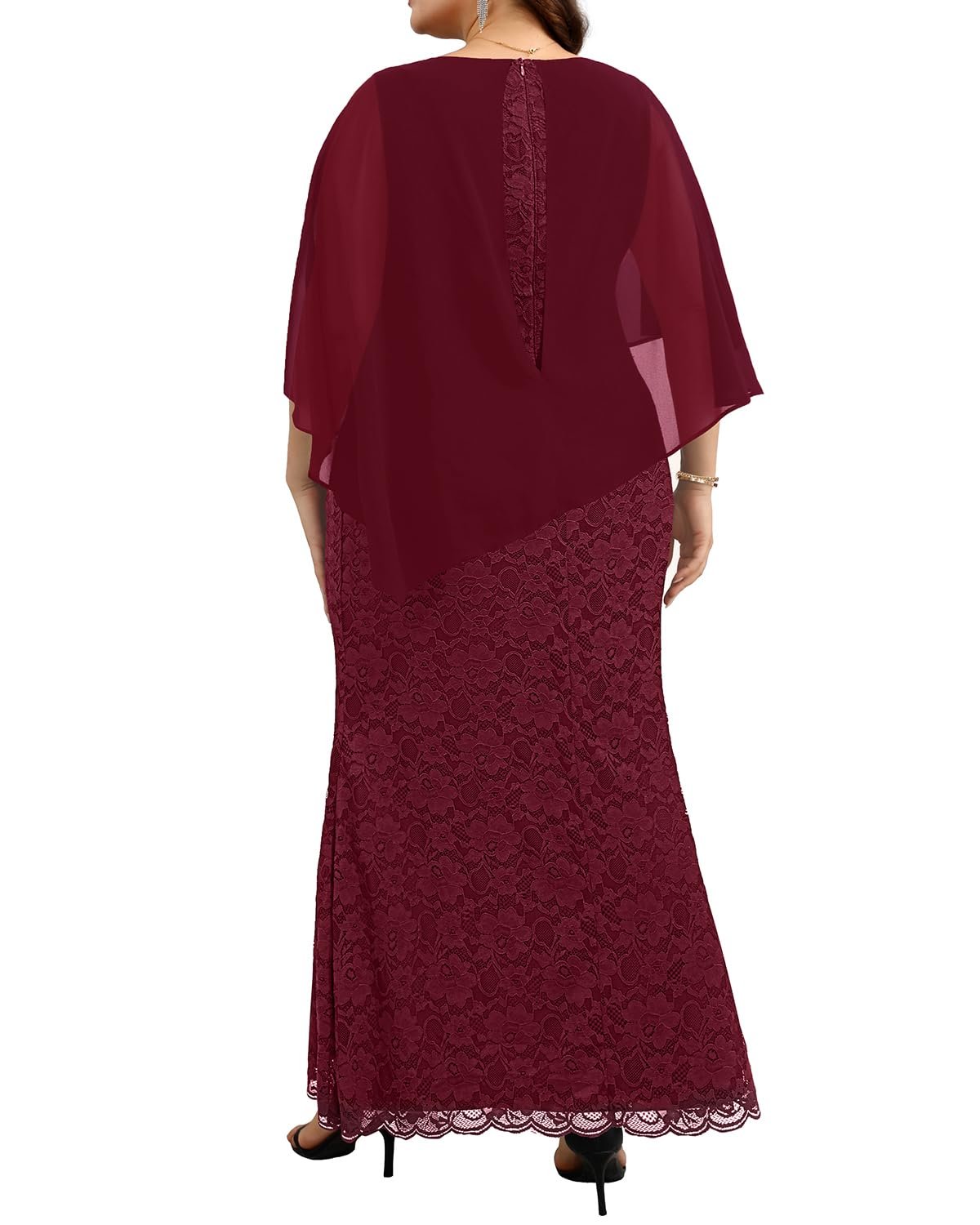 Women's Plus Size Cape Dress with Chiffon Overlay Gown Formal Evening Lace Long Mermaid Dresses 2025, Burgundy, 22 Plus