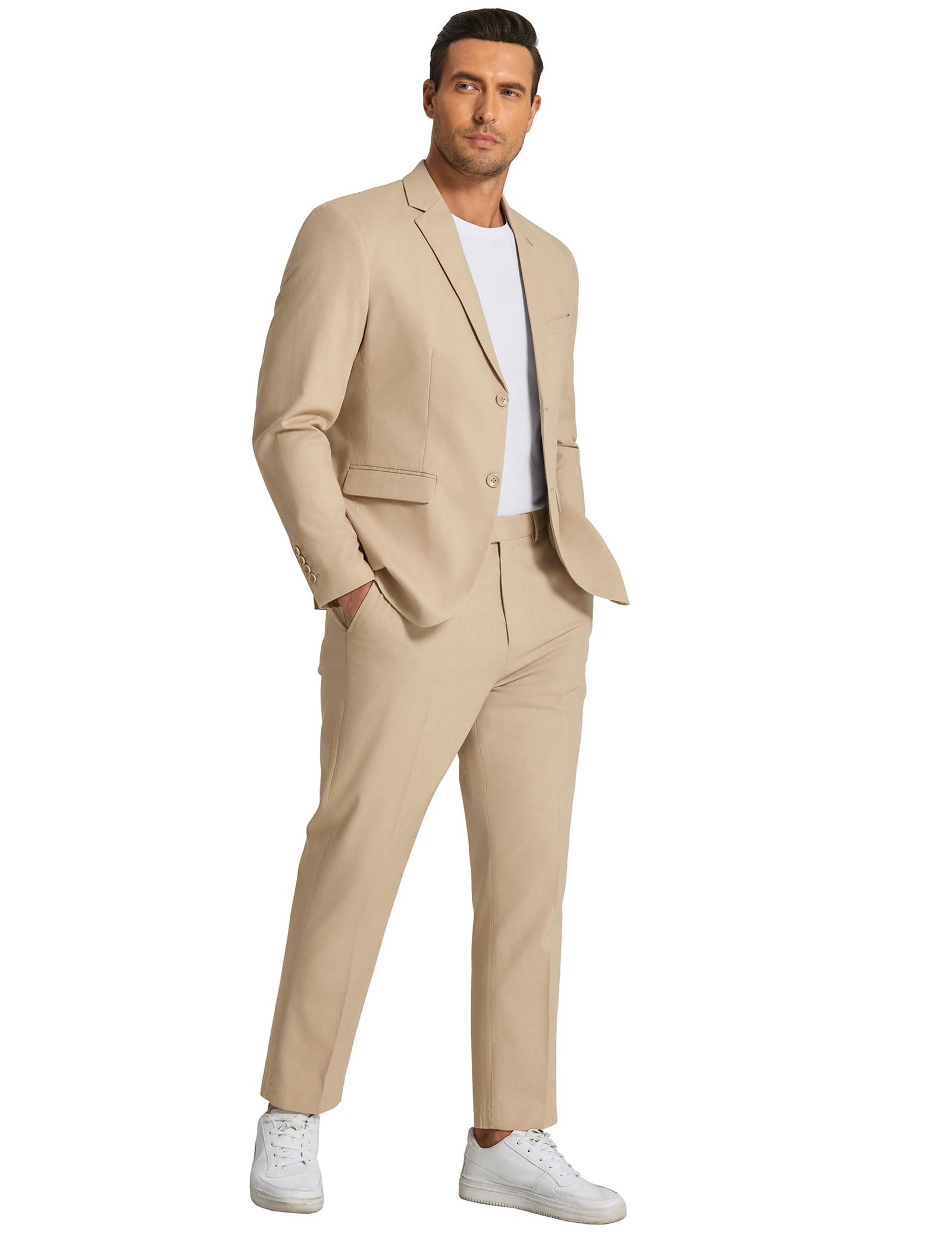 Men 2 Piece Cotton Linen Suits Set Casual Lightweight Blazer Jacket Regular Fit Suit Pants, Khaki