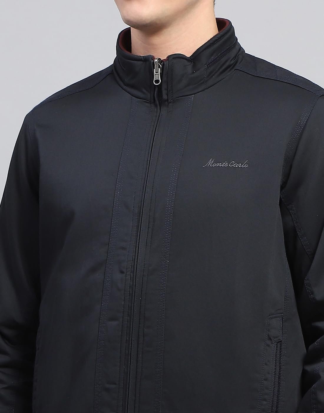 Mens Navy Blue Solid Mock Neck Full Sleeve Reversible Jacket (224066856-1-46)