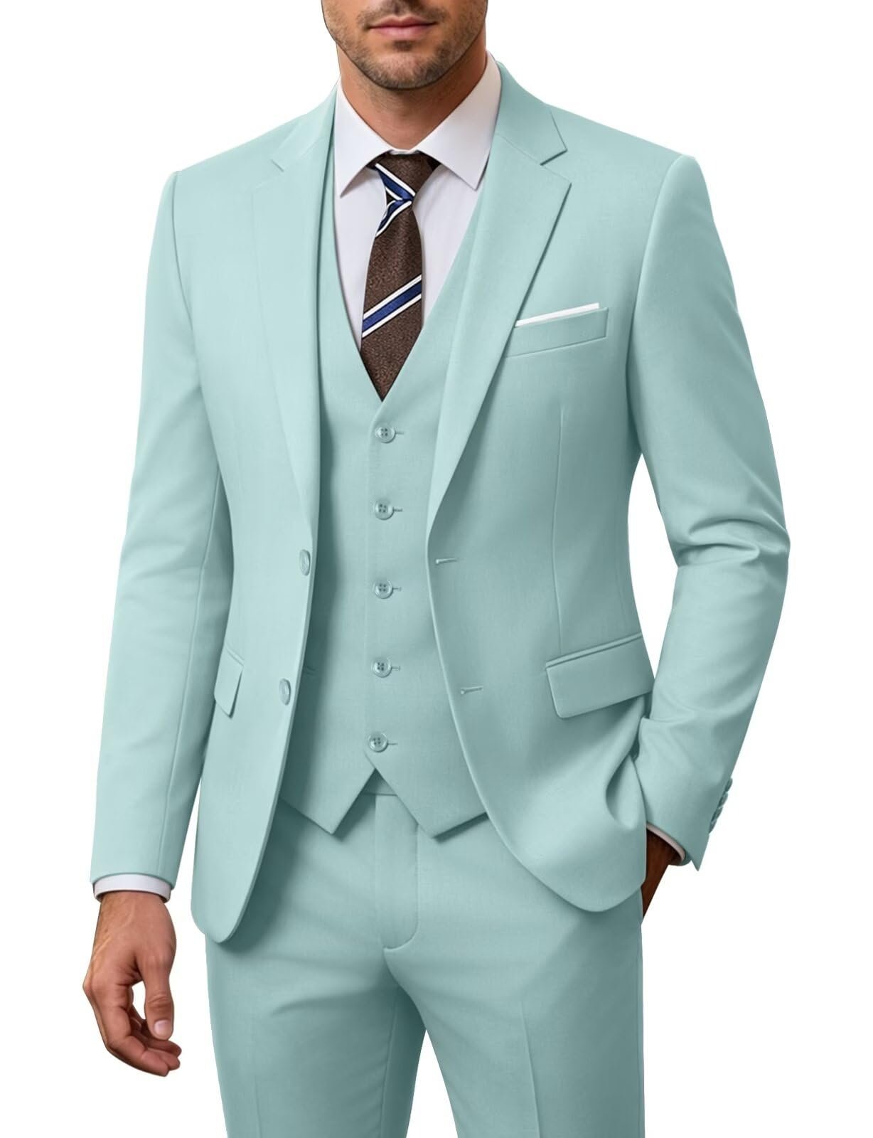Men Suits Slim Fit 3 Piece Mint Green Business Wedding Suits Tuxedos Groomsmen Prom Blazer Jacket Vest Pants Men Suit Set S