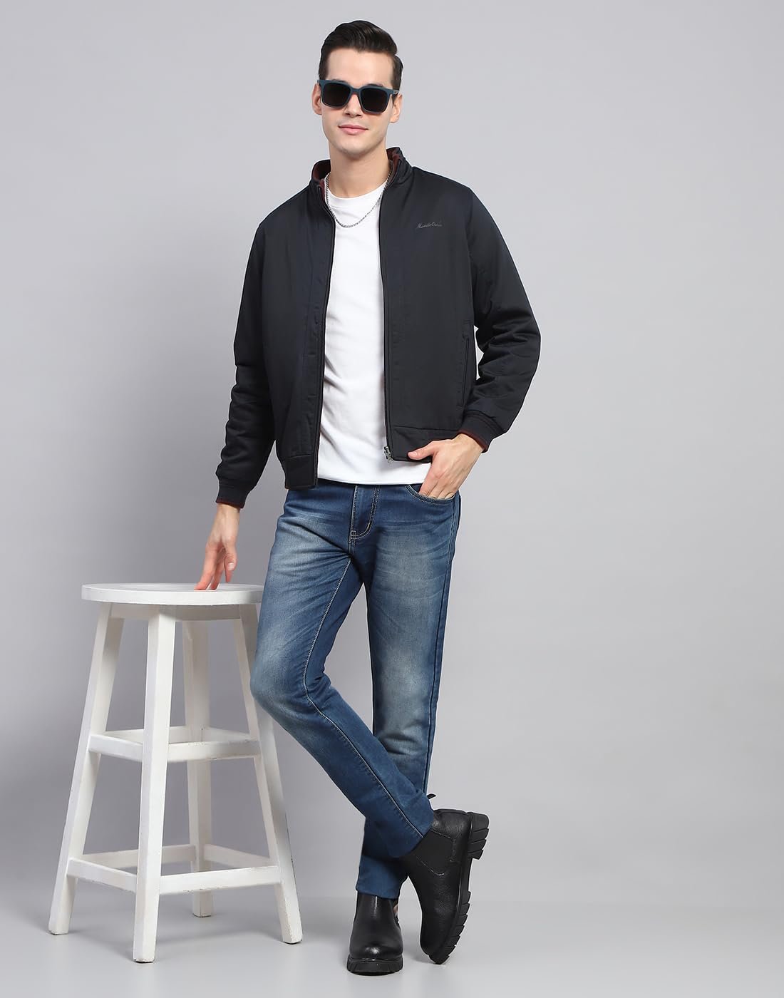 Mens Navy Blue Solid Mock Neck Full Sleeve Reversible Jacket (224066856-1-46)