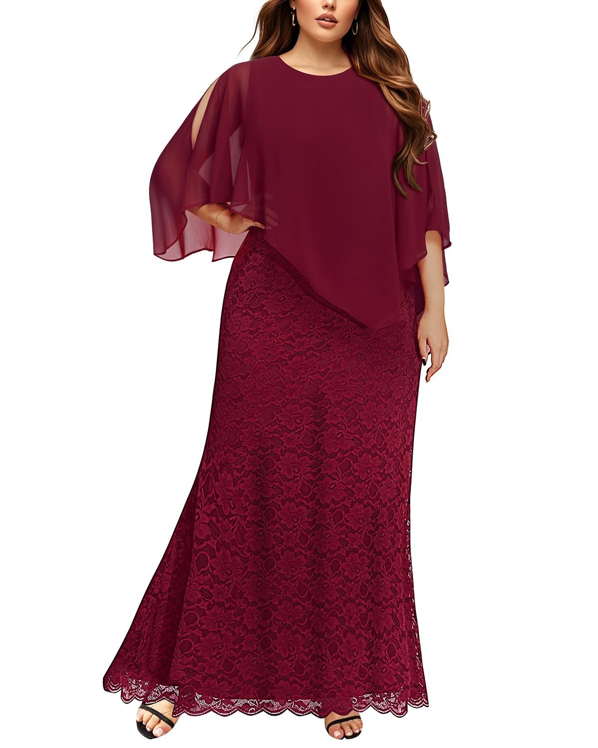 Women's Plus Size Cape Dress with Chiffon Overlay Gown Formal Evening Lace Long Mermaid Dresses 2025, Burgundy, 22 Plus