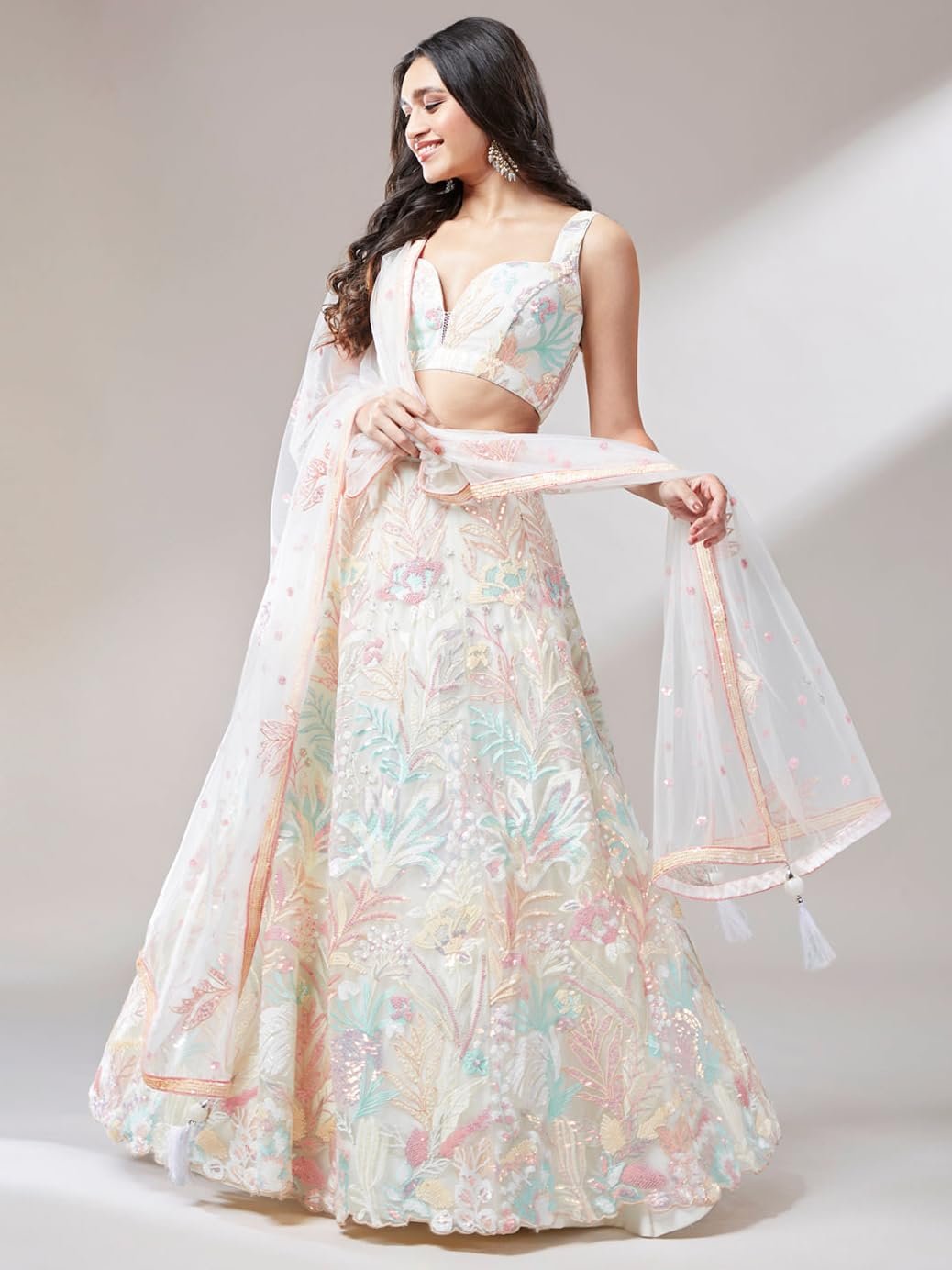 Women's Sequins Embroidered Soft Net Readymade Lehenga Choli With Dupatta (6032-Off-White-Wedding-Stylish-Lehenga-Choli-Latest; Free Size)