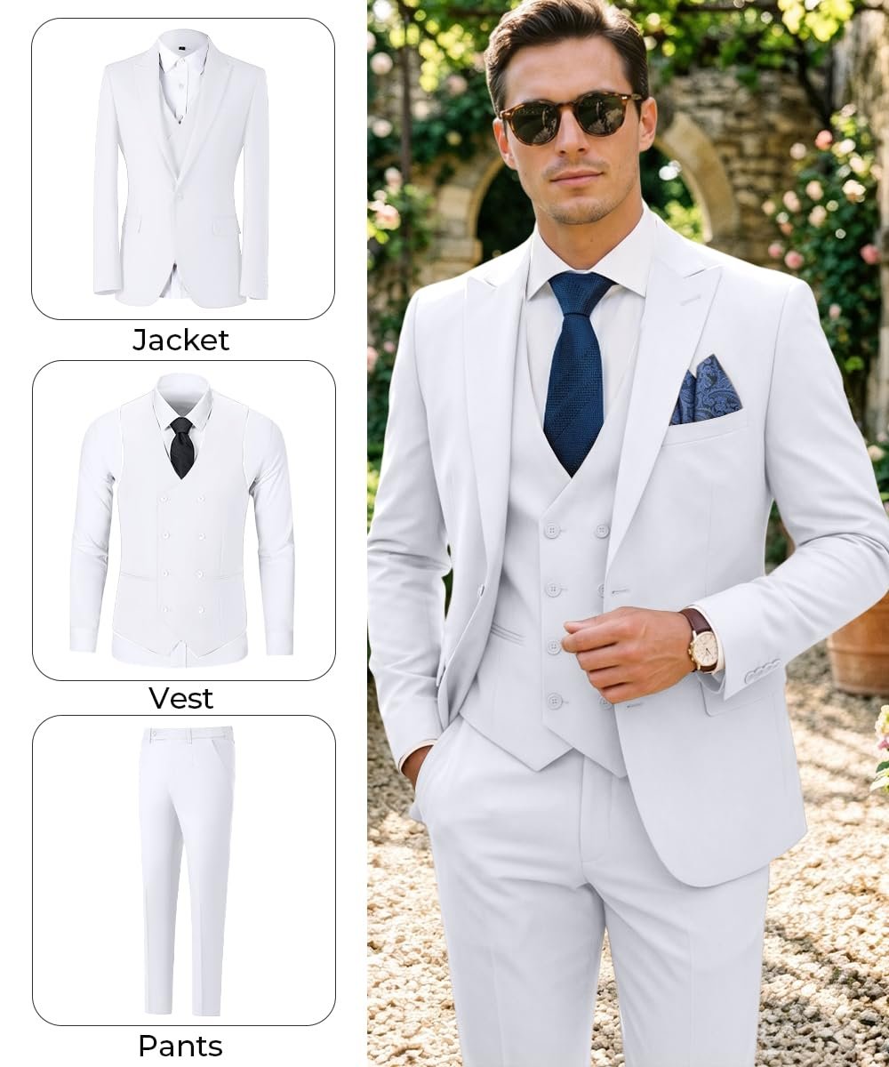 Mens 3 Piece Slim Fit Suit Set, Double Breasted Blazer Vest Pants Business Tuxedo Dress, White, XS