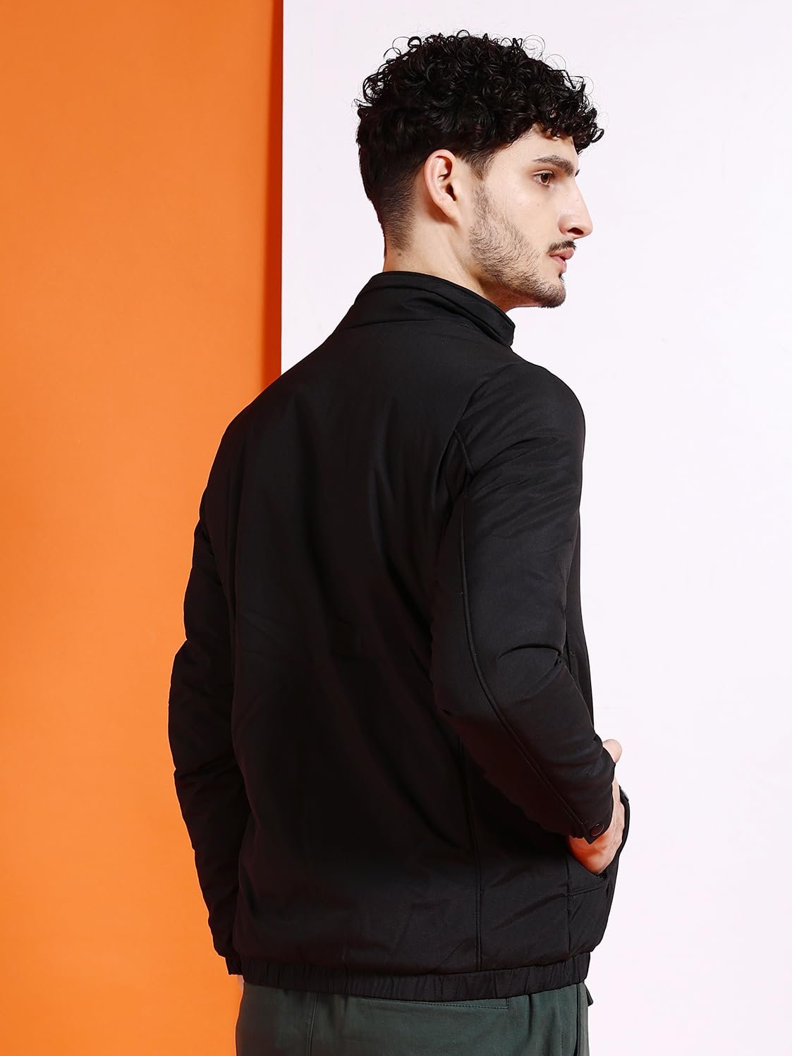 Men Black Regular Fit Solid Bomber Jacket