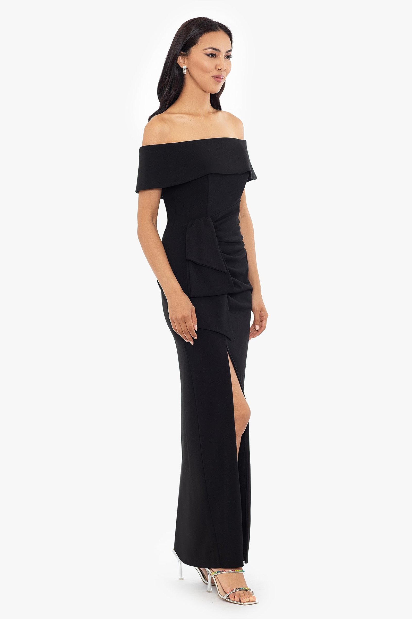 Women's Long Off The Shoulder Scuba Crepe Slit Dress (Reg and Petite), Black, 18