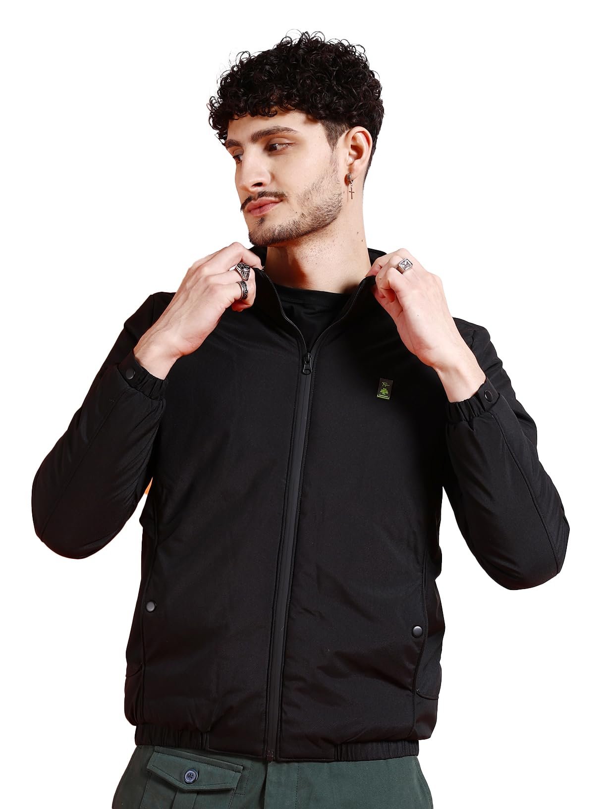 Men Black Regular Fit Solid Bomber Jacket