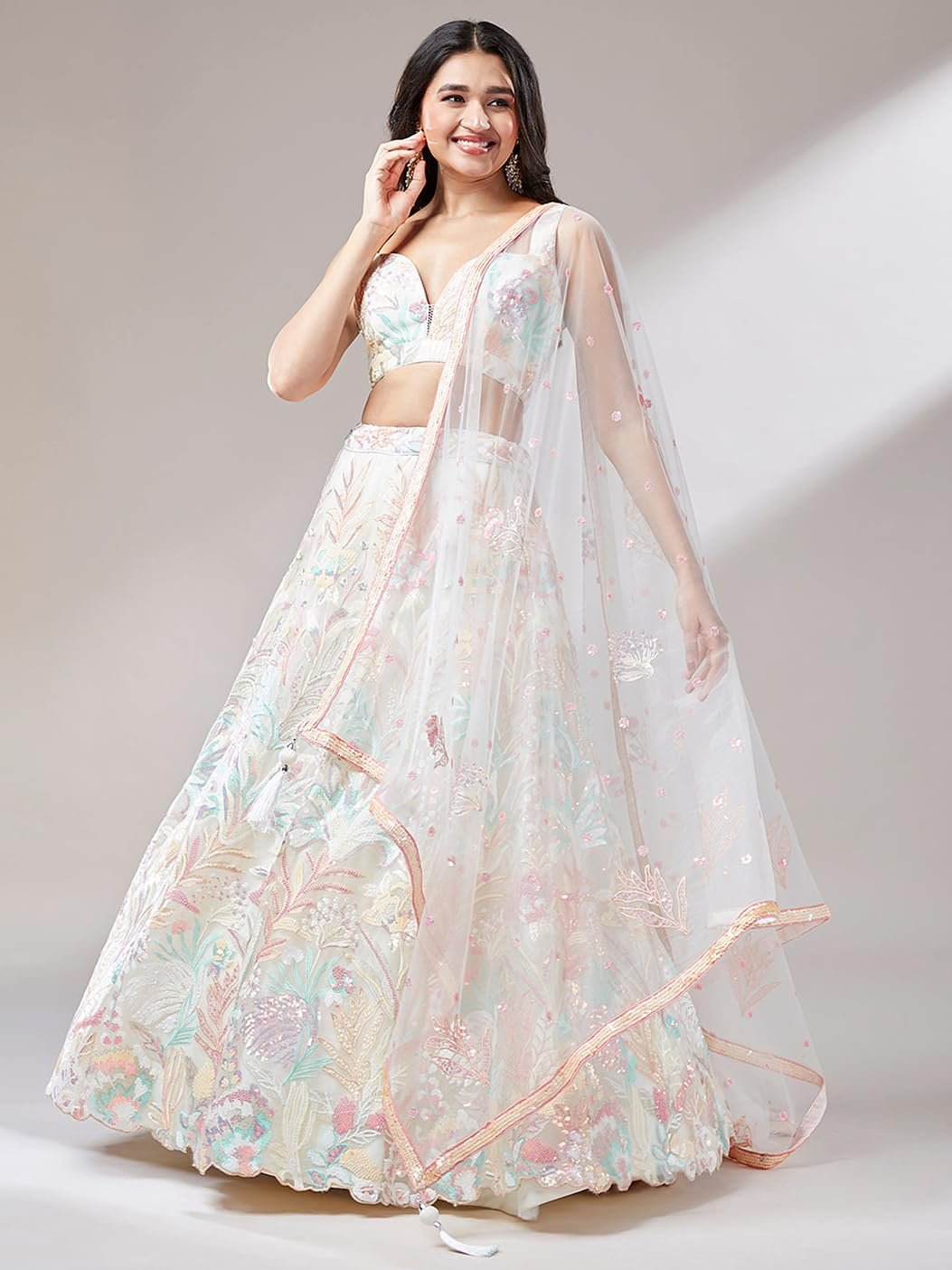 Women's Sequins Embroidered Soft Net Readymade Lehenga Choli With Dupatta (6032-Off-White-Wedding-Stylish-Lehenga-Choli-Latest; Free Size)
