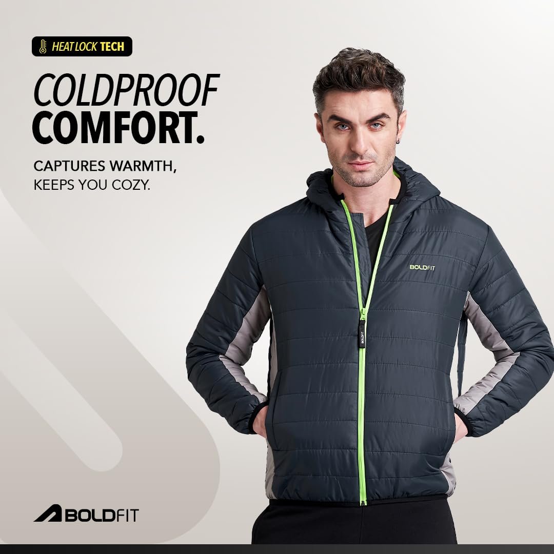 Men's Quilted Polyester Standard Length Jacket Monsoon Winter Wear Hooded Winter Padded Bomber Full Sleeve Jacket Black Charcoal 2XL