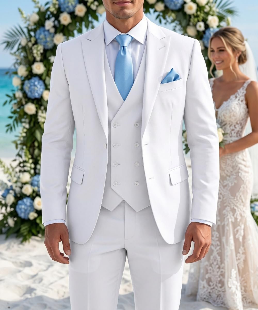 Mens 3 Piece Slim Fit Suit Set, Double Breasted Blazer Vest Pants Business Tuxedo Dress, White, XS