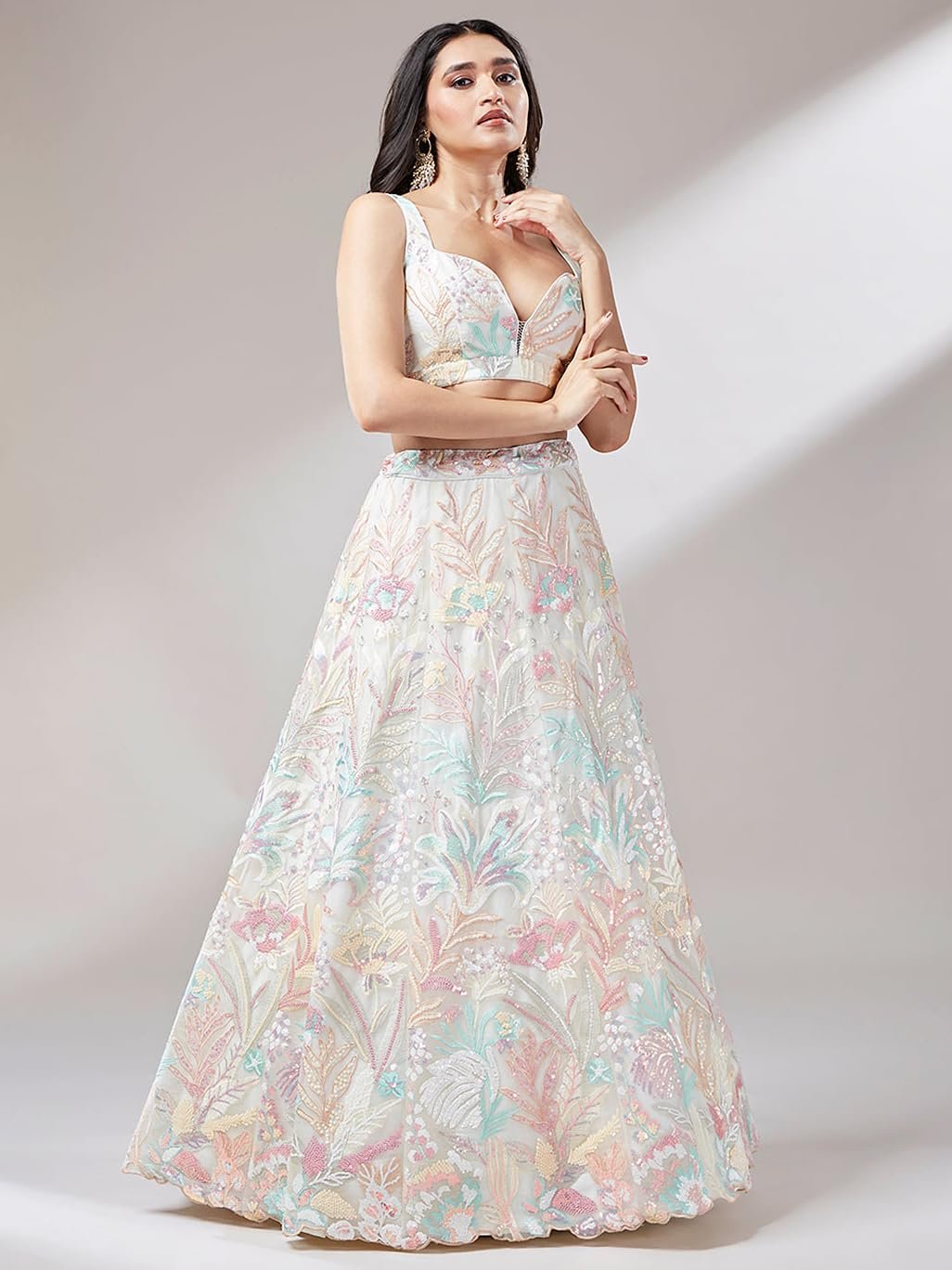 Women's Sequins Embroidered Soft Net Readymade Lehenga Choli With Dupatta (6032-Off-White-Wedding-Stylish-Lehenga-Choli-Latest; Free Size)