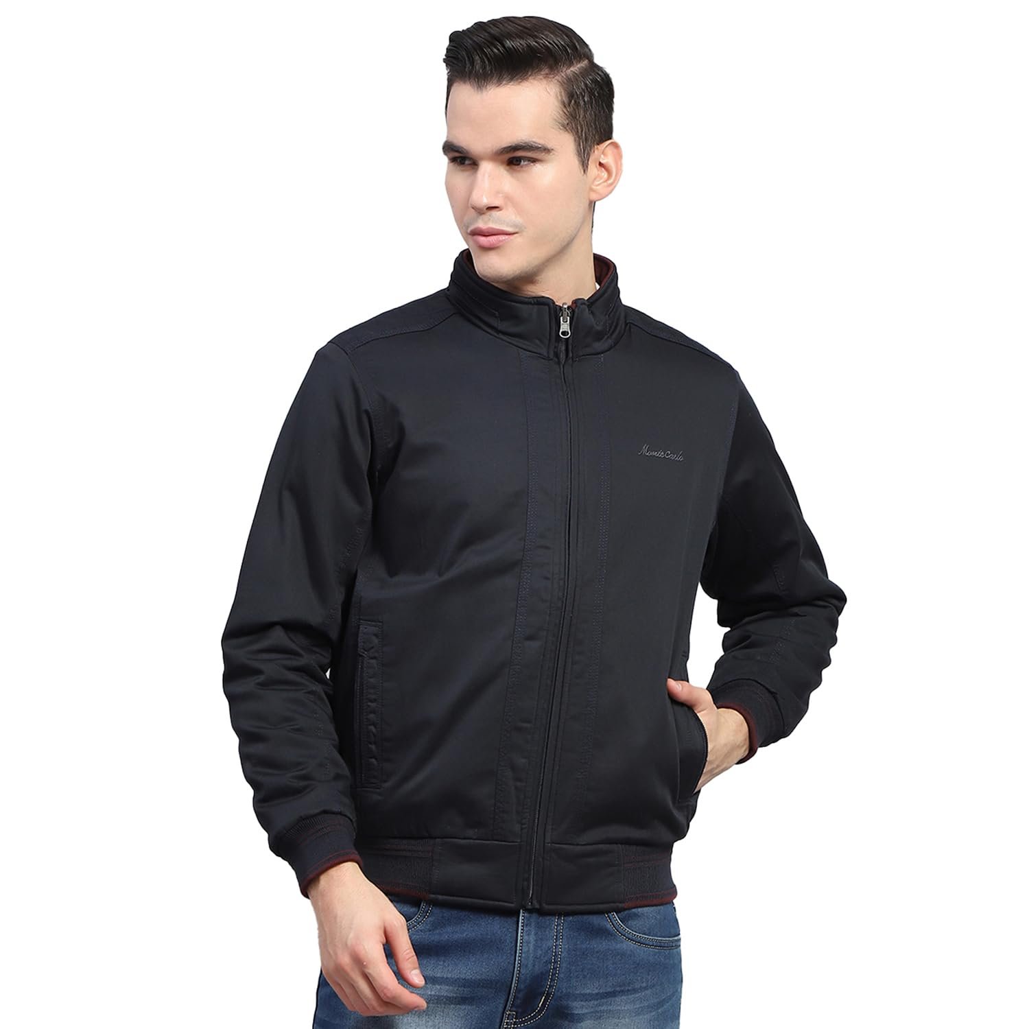 Mens Navy Blue Solid Mock Neck Full Sleeve Reversible Jacket (224066856-1-46)