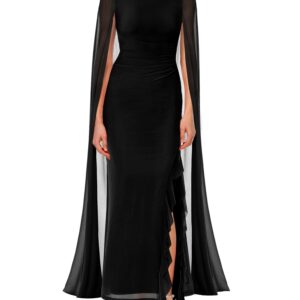 Women's Formal Dresses Ruffle High Split Long Sleeve Mesh Ruched Bodycon Evening Party Maxi Dresses with Cape, Black, Medium