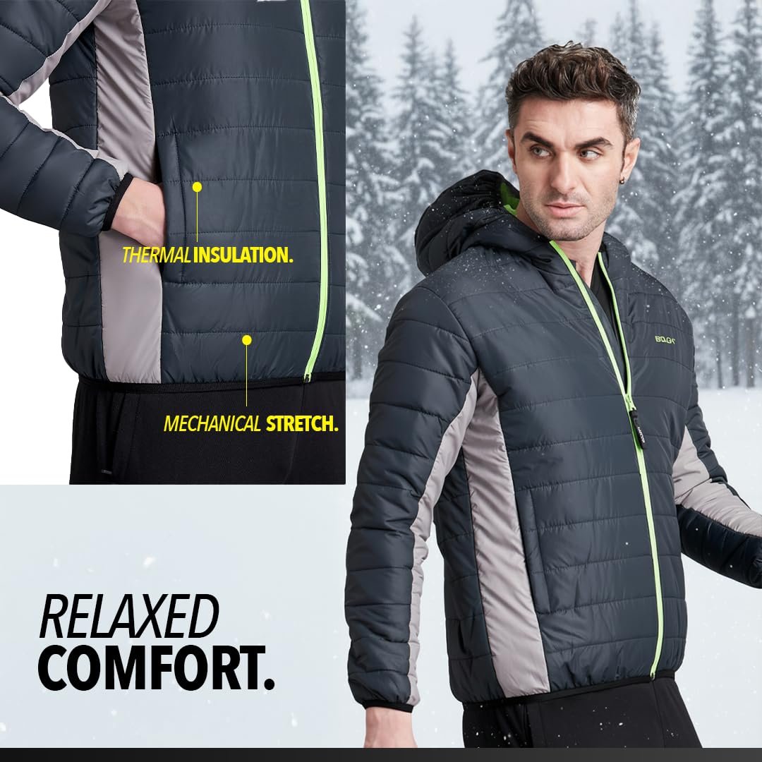 Men's Quilted Polyester Standard Length Jacket Monsoon Winter Wear Hooded Winter Padded Bomber Full Sleeve Jacket Black Charcoal 2XL