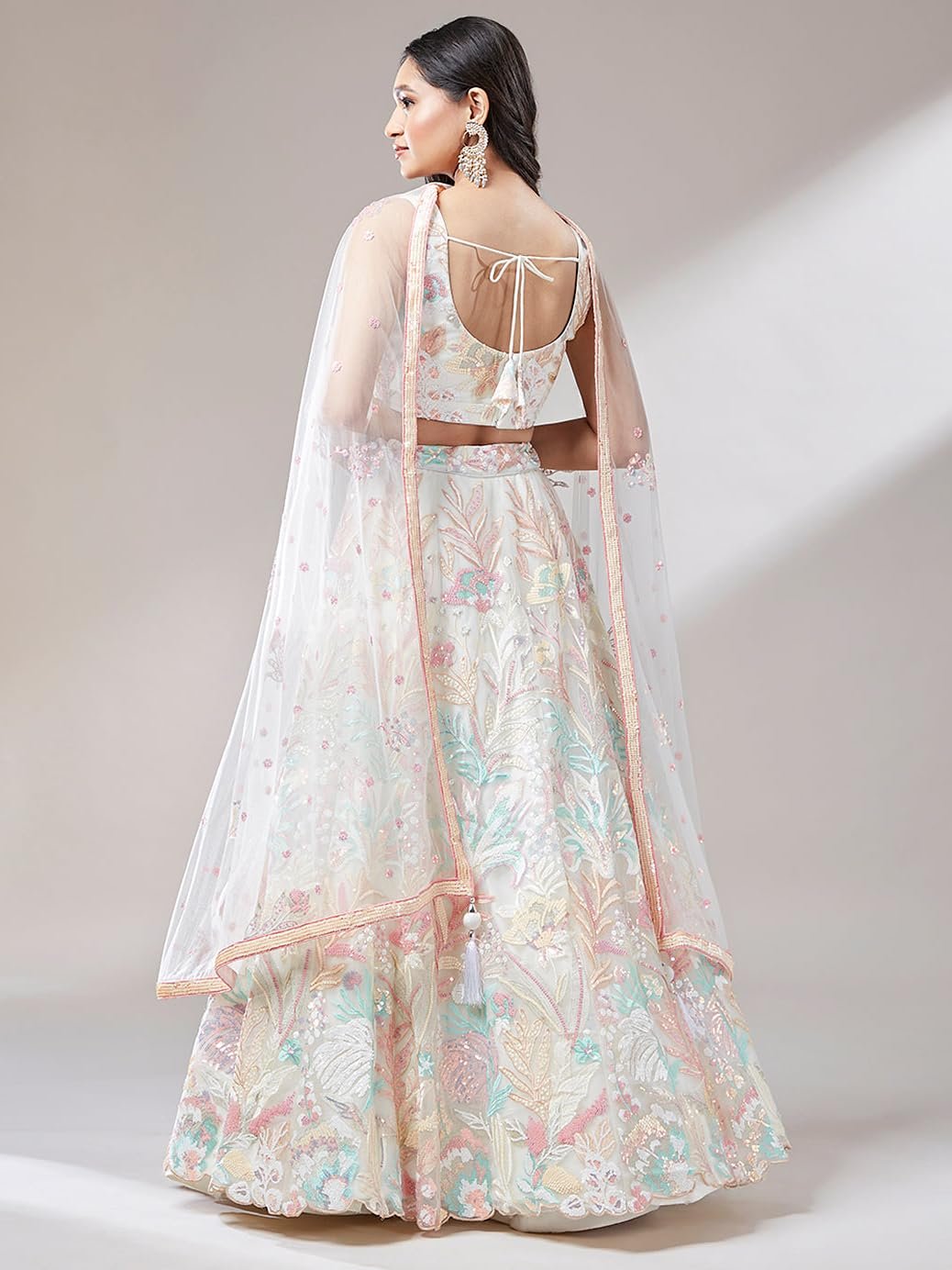 Women's Sequins Embroidered Soft Net Readymade Lehenga Choli With Dupatta (6032-Off-White-Wedding-Stylish-Lehenga-Choli-Latest; Free Size)