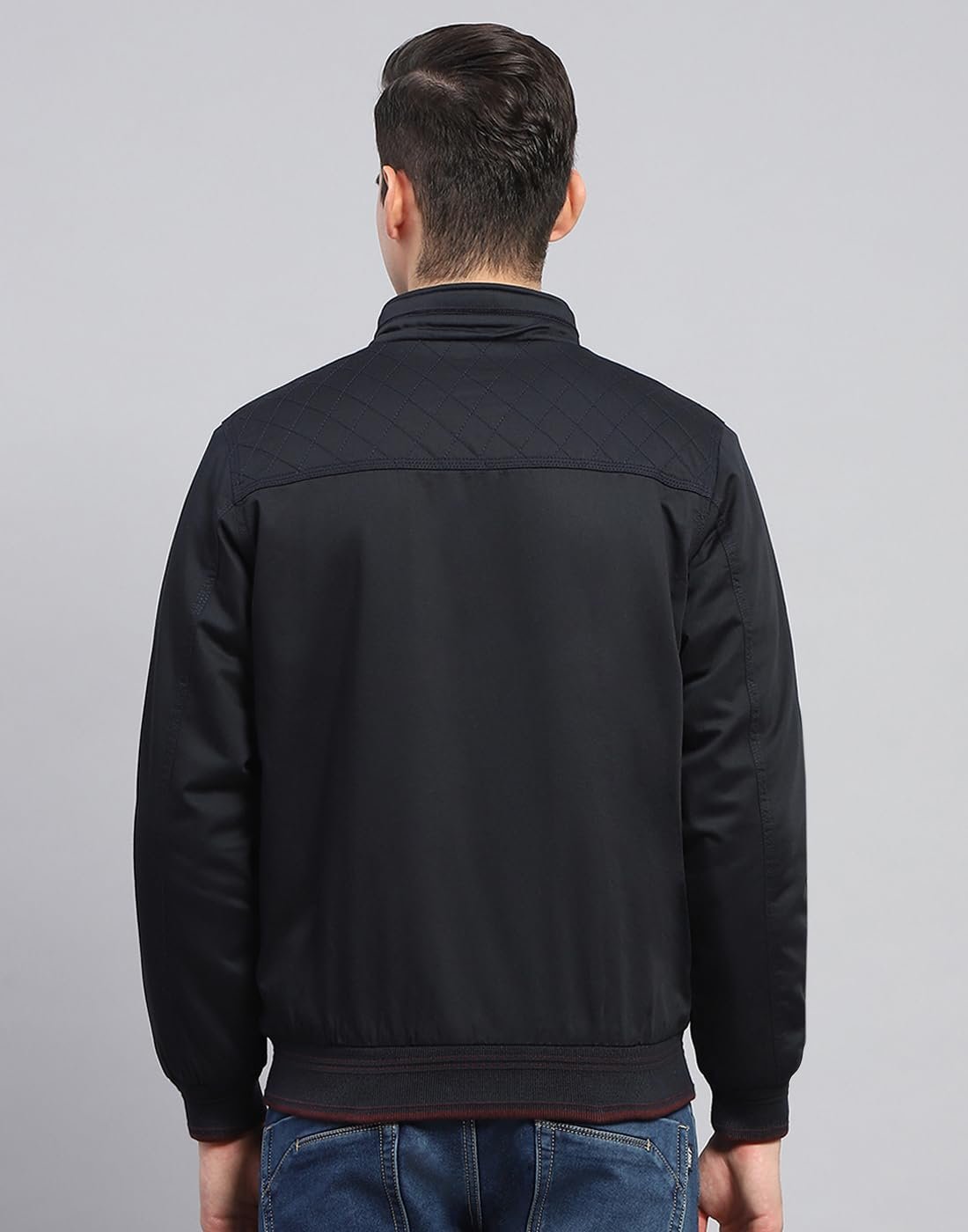 Mens Navy Blue Solid Mock Neck Full Sleeve Reversible Jacket (224066856-1-46)