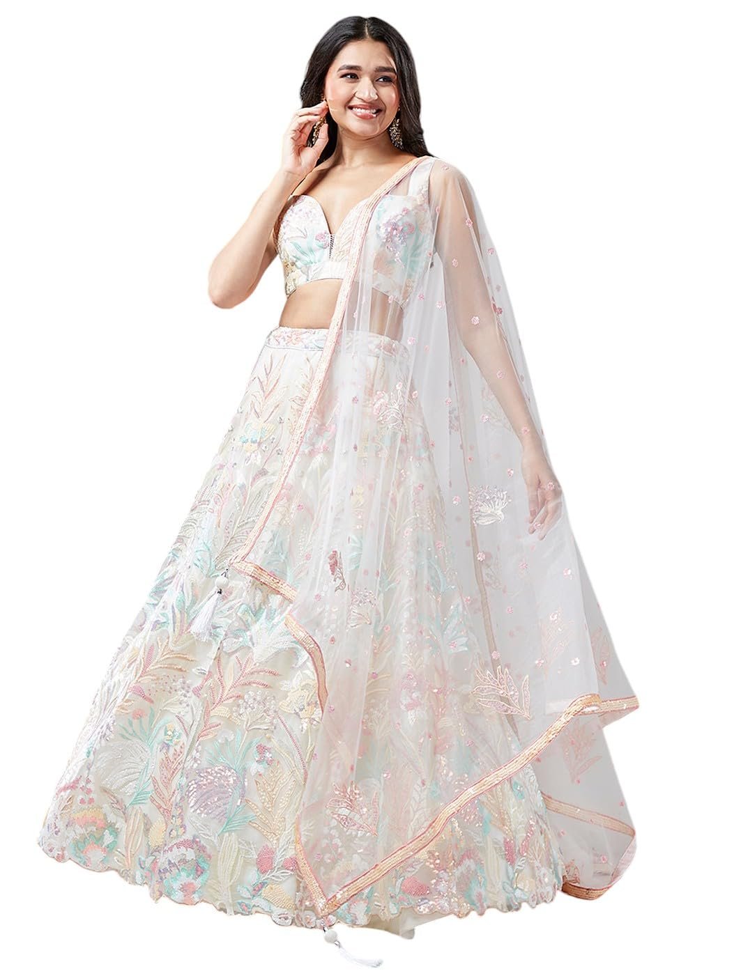 Women's Sequins Embroidered Soft Net Readymade Lehenga Choli With Dupatta (6032-Off-White-Wedding-Stylish-Lehenga-Choli-Latest; Free Size)