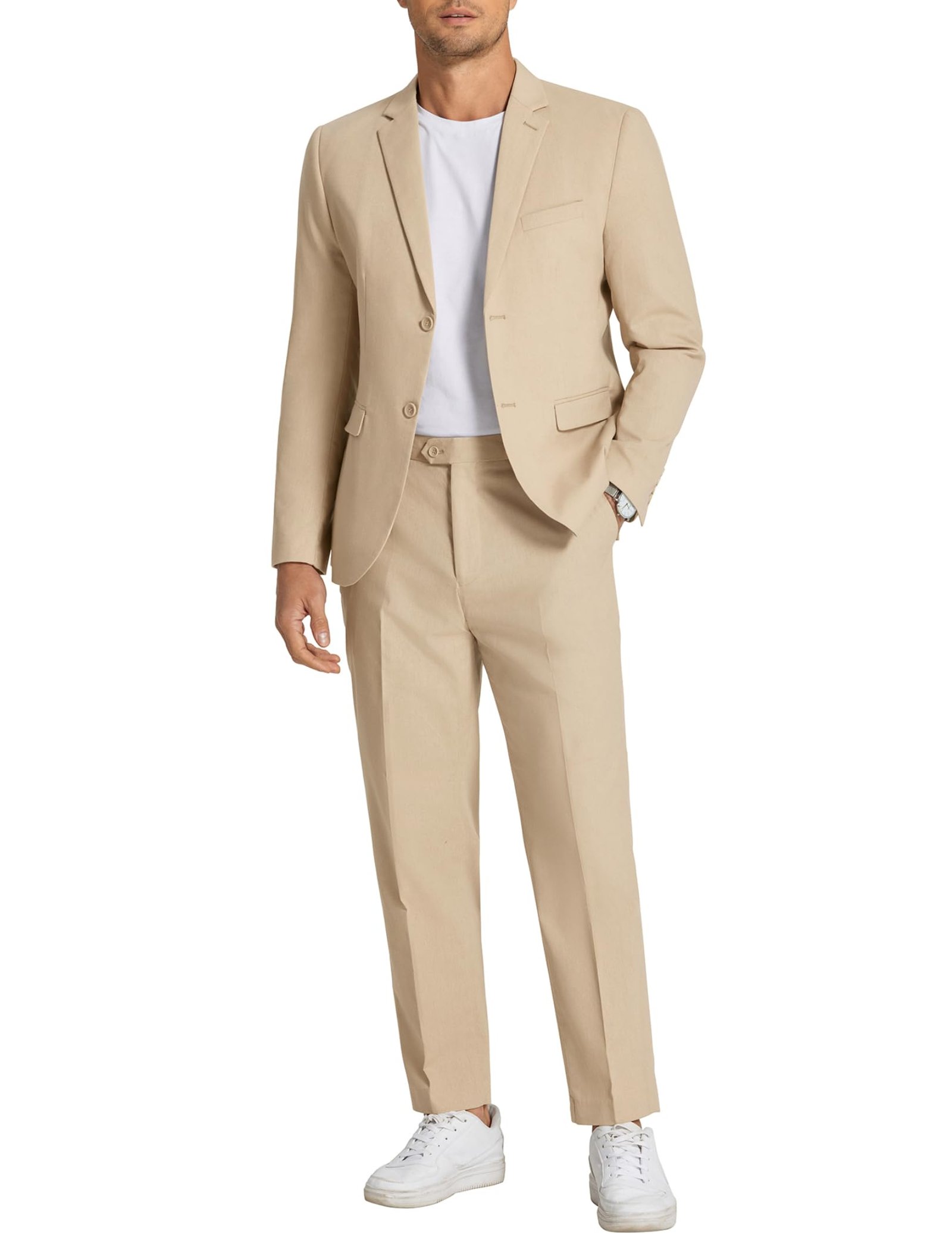 Men 2 Piece Cotton Linen Suits Set Casual Lightweight Blazer Jacket Regular Fit Suit Pants, Khaki