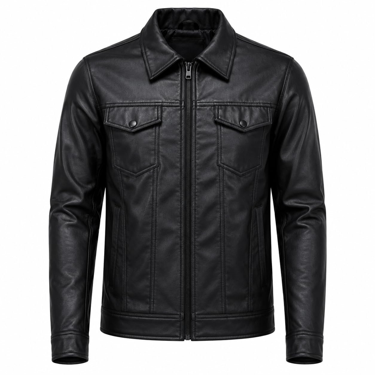Men's Casual Black Faux Leather Jacket | Shirt Collar Fashion Jacket with Chest Pockets (IN, Alpha, Regular)