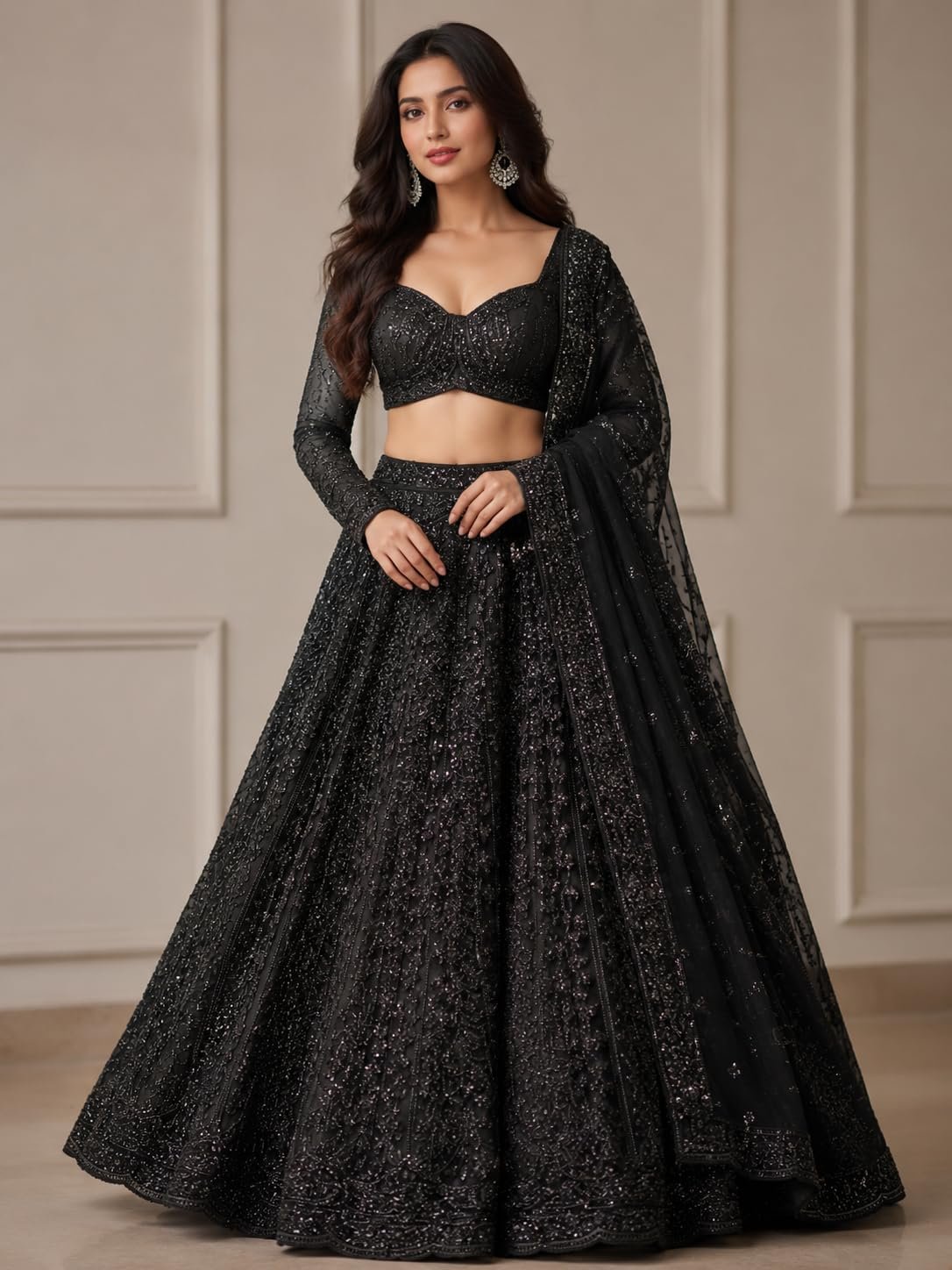 Black Georgette Lehenga Choli Set for Women, Ethnic Style, Handwork Embroidery, Wedding Occasion, 3 Piece Set (Black)