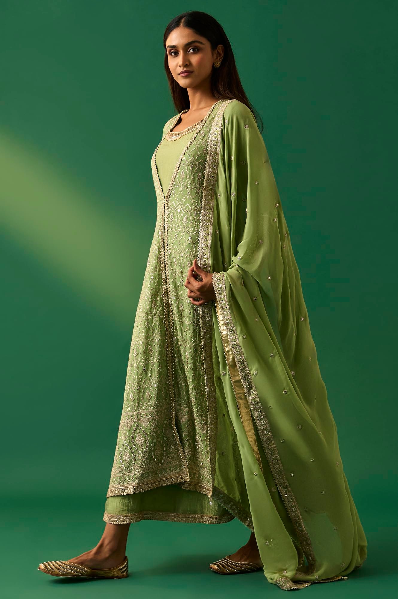 Women's Green Embroidered Anarkali Dress with Churidar and Dupatta Set - (SP12858-401187)