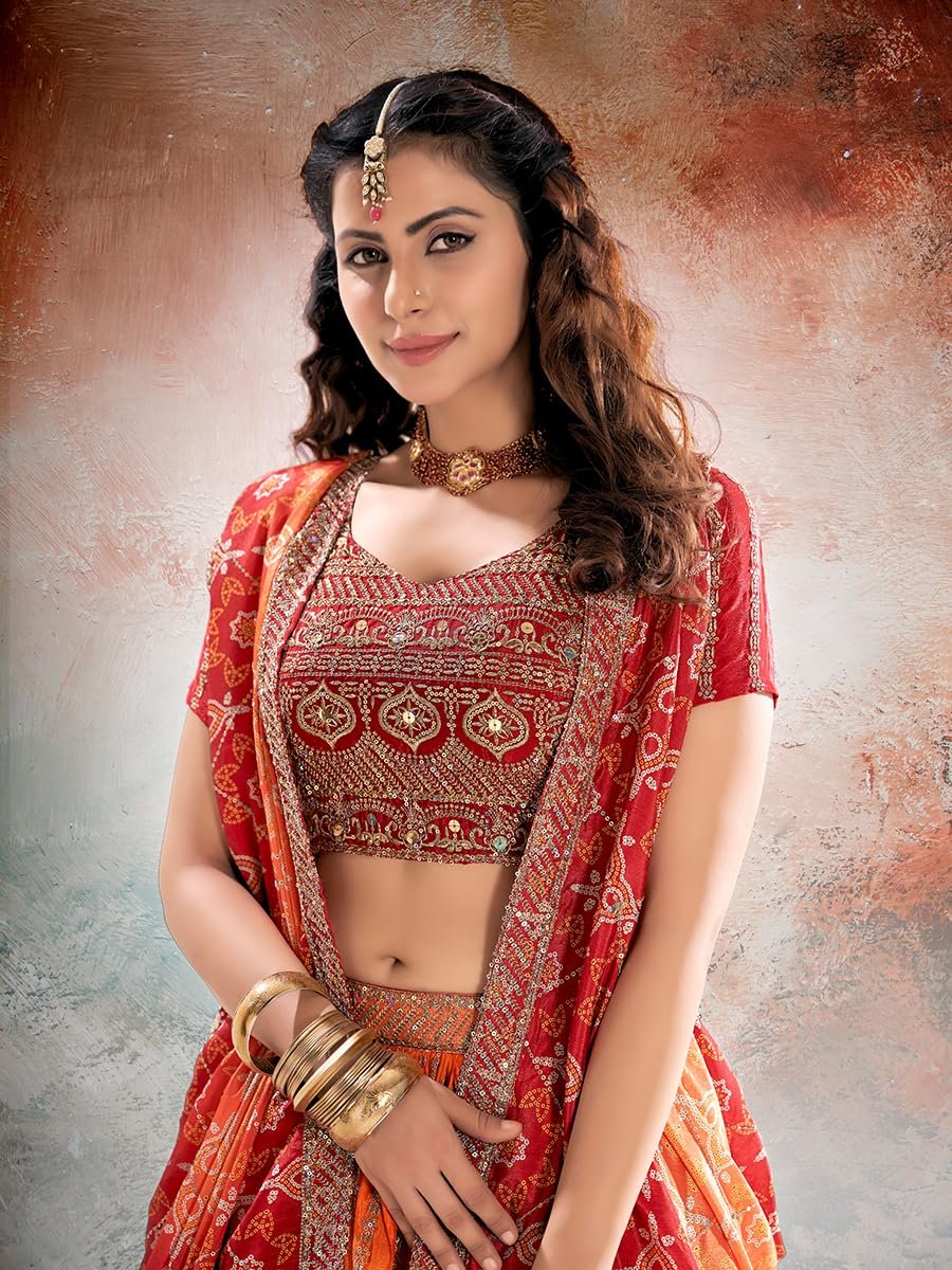 Women’s Chinon Silk Lehenga Choli with Dupatta, Semi-Stitched Designer Ethnic Lehenga Set for Wedding, Party & Festive (1pc)
