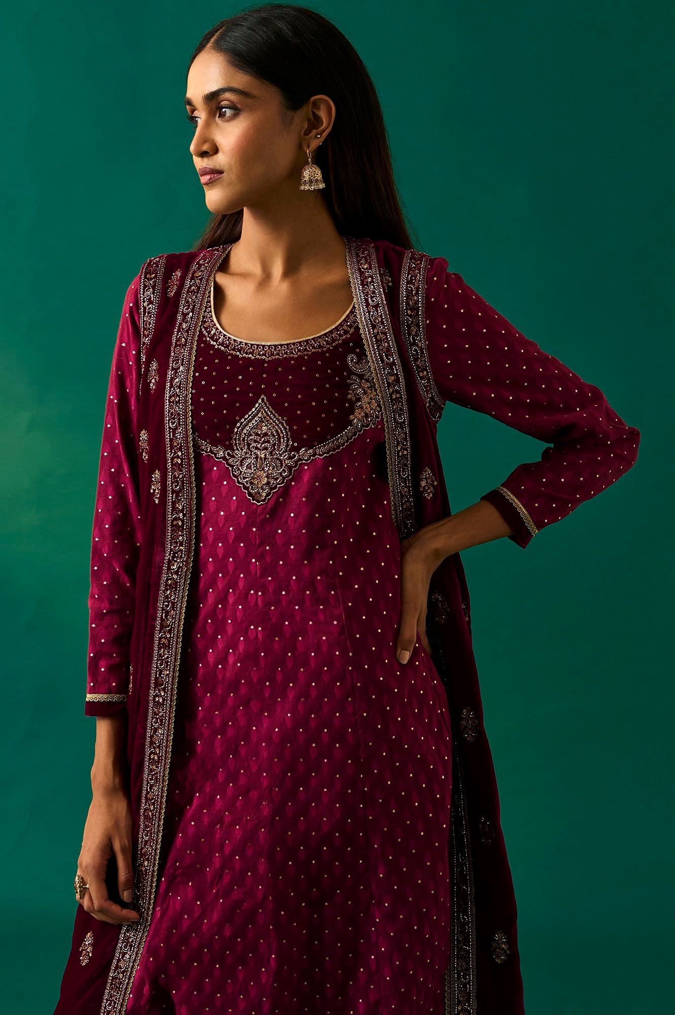 Women's Maroon Embroidered Anarkali Gilet with Dress and Churidar Set - (SP12855-218120)