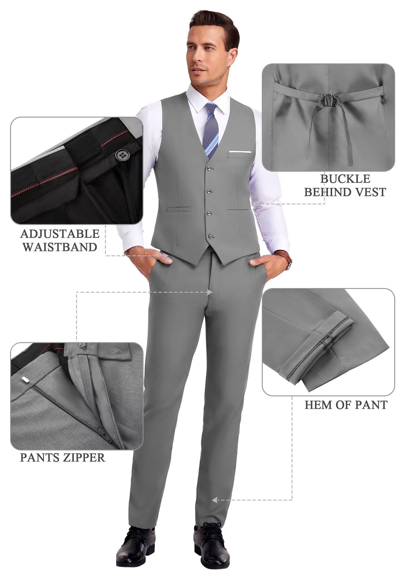 Men's 3-Piece Slim Fit Gray Suit Set, Chest44''/Waist38''