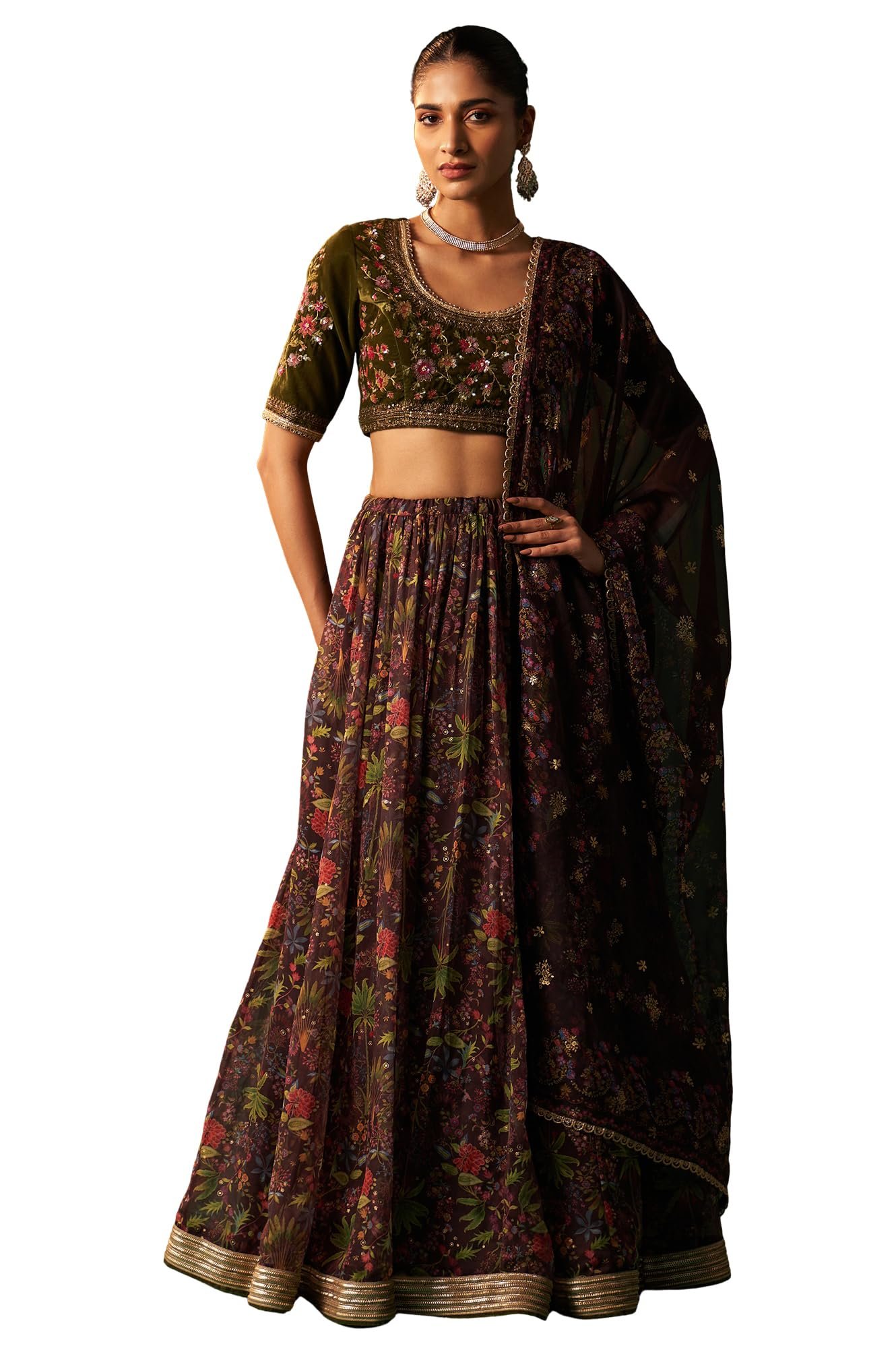 Women's Green Embroidered Velvet Blouse with Floral Printed Skirt and Dupatta Set (SP12875-223812)
