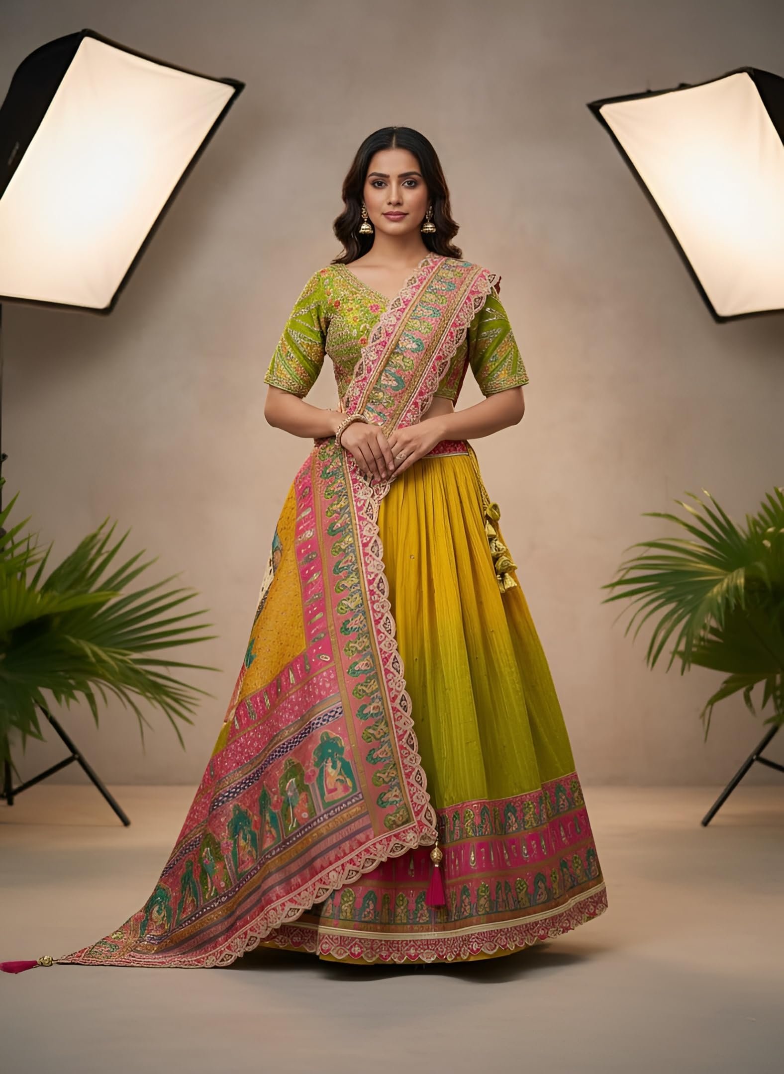 Women's Embroidered Lehenga Choli Set, Yellow and Green, with Dupatta