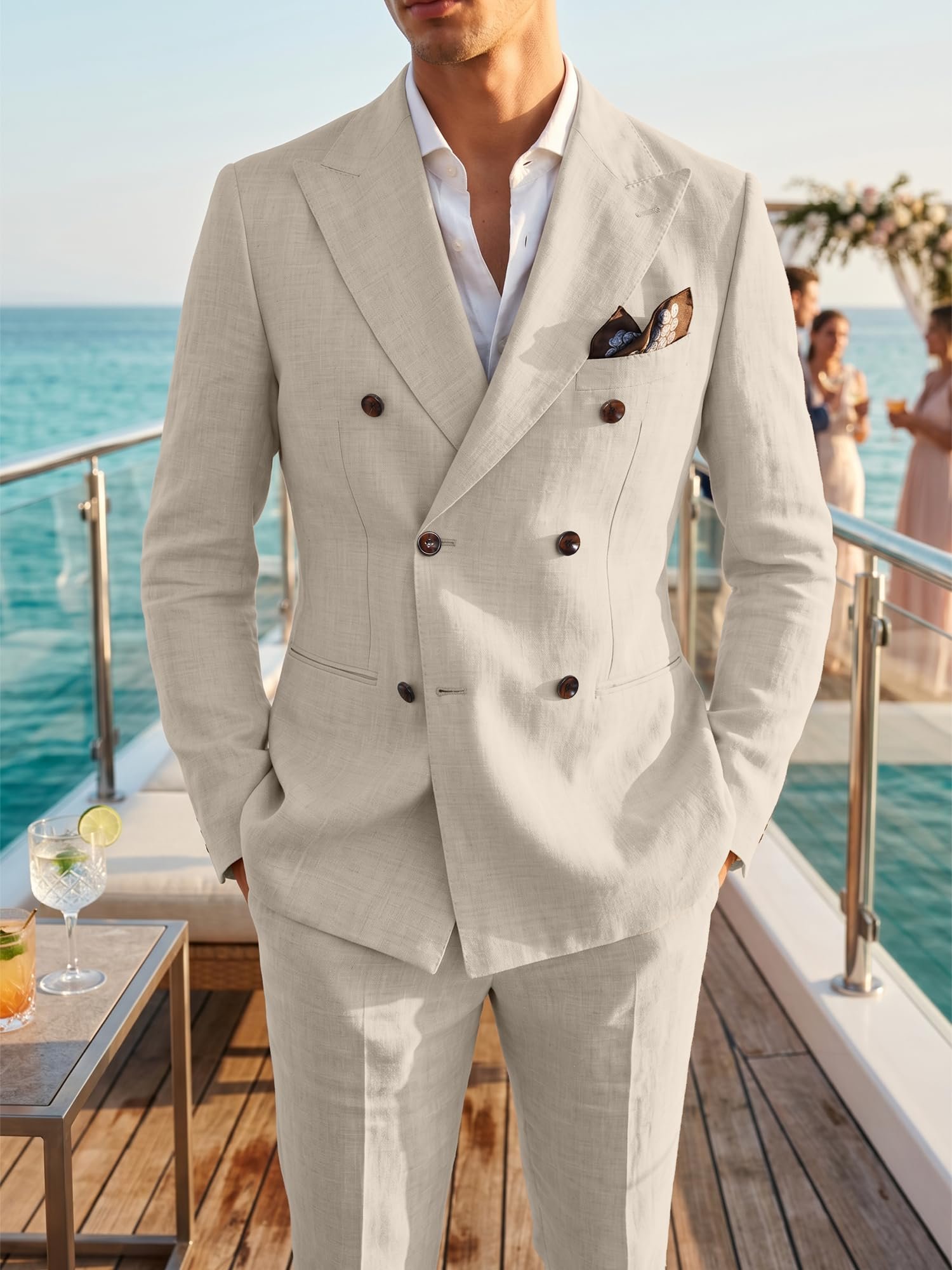 Mens Suits Linen 2 Piece Suit for Men Peak Lapel Slim Fit Suits Set Double Breasted Tuxedos for Wedding Prom, Beige