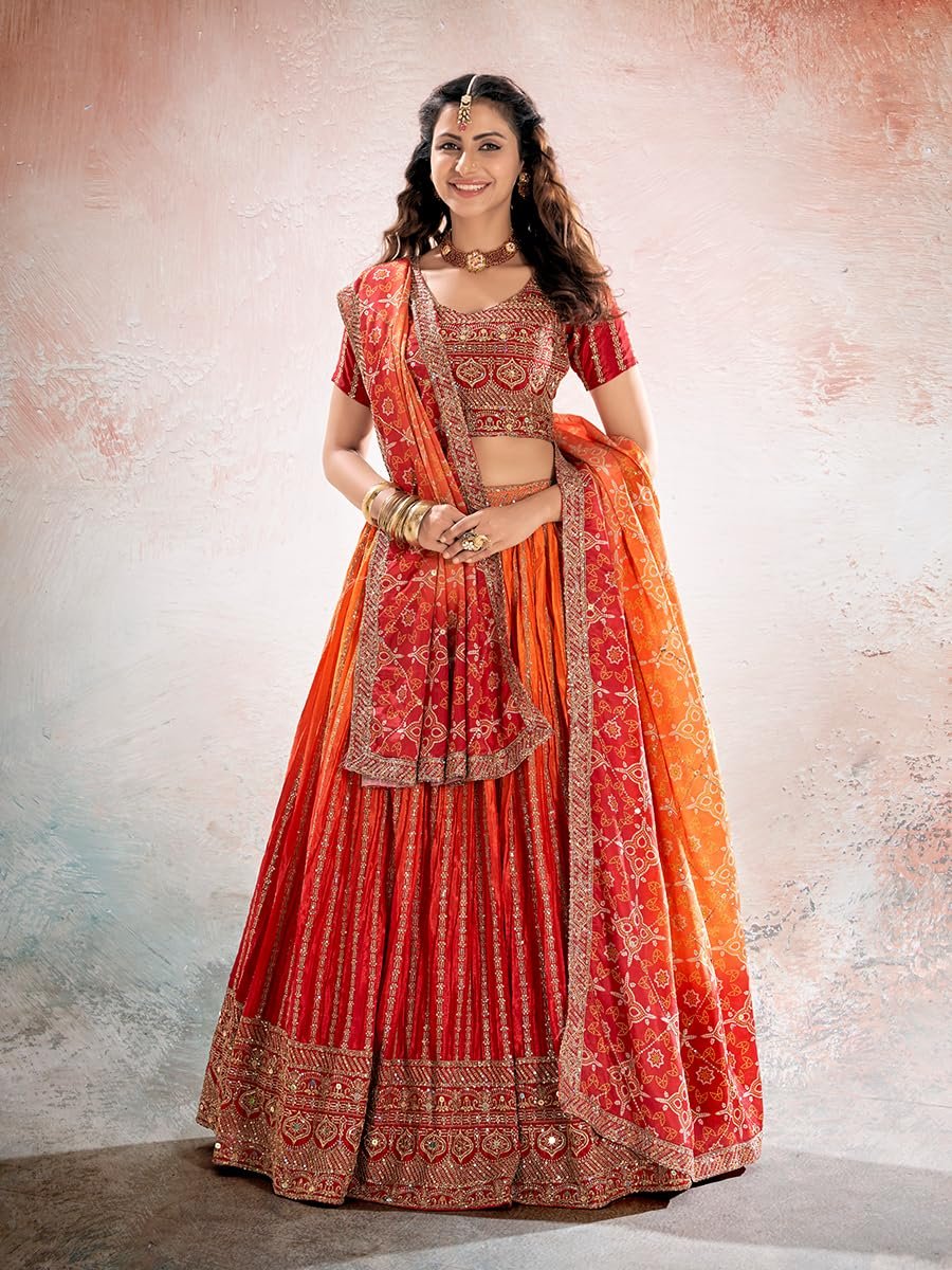 Women’s Chinon Silk Lehenga Choli with Dupatta, Semi-Stitched Designer Ethnic Lehenga Set for Wedding, Party & Festive (1pc)