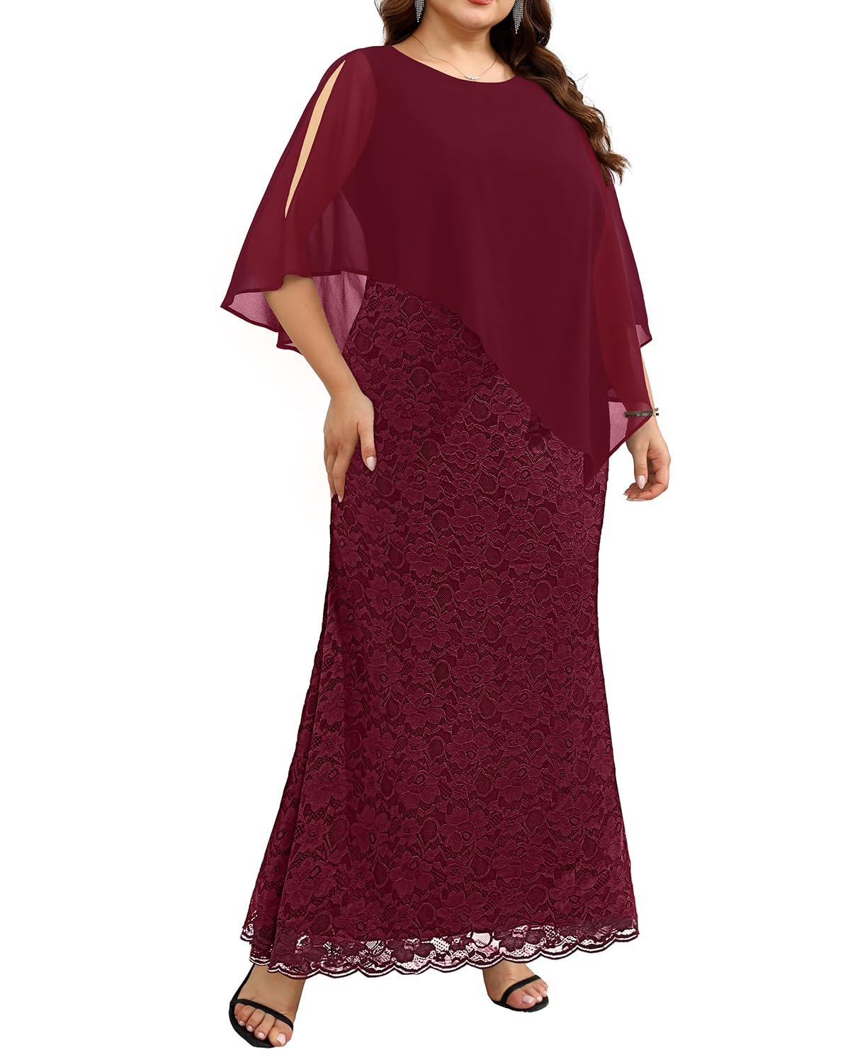 Women's Plus Size Cape Dress with Chiffon Overlay Gown Formal Evening Lace Long Mermaid Dresses 2025, Burgundy, 22 Plus