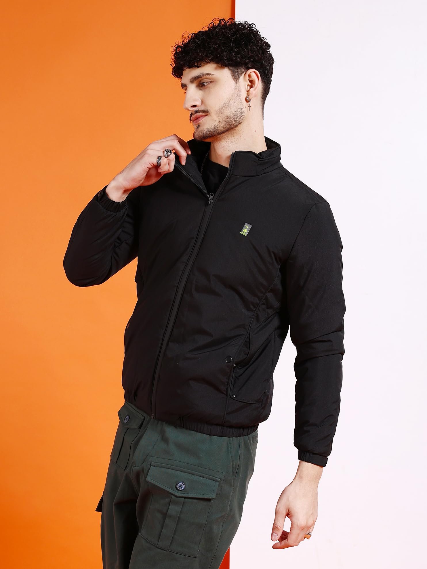 Men Black Regular Fit Solid Bomber Jacket