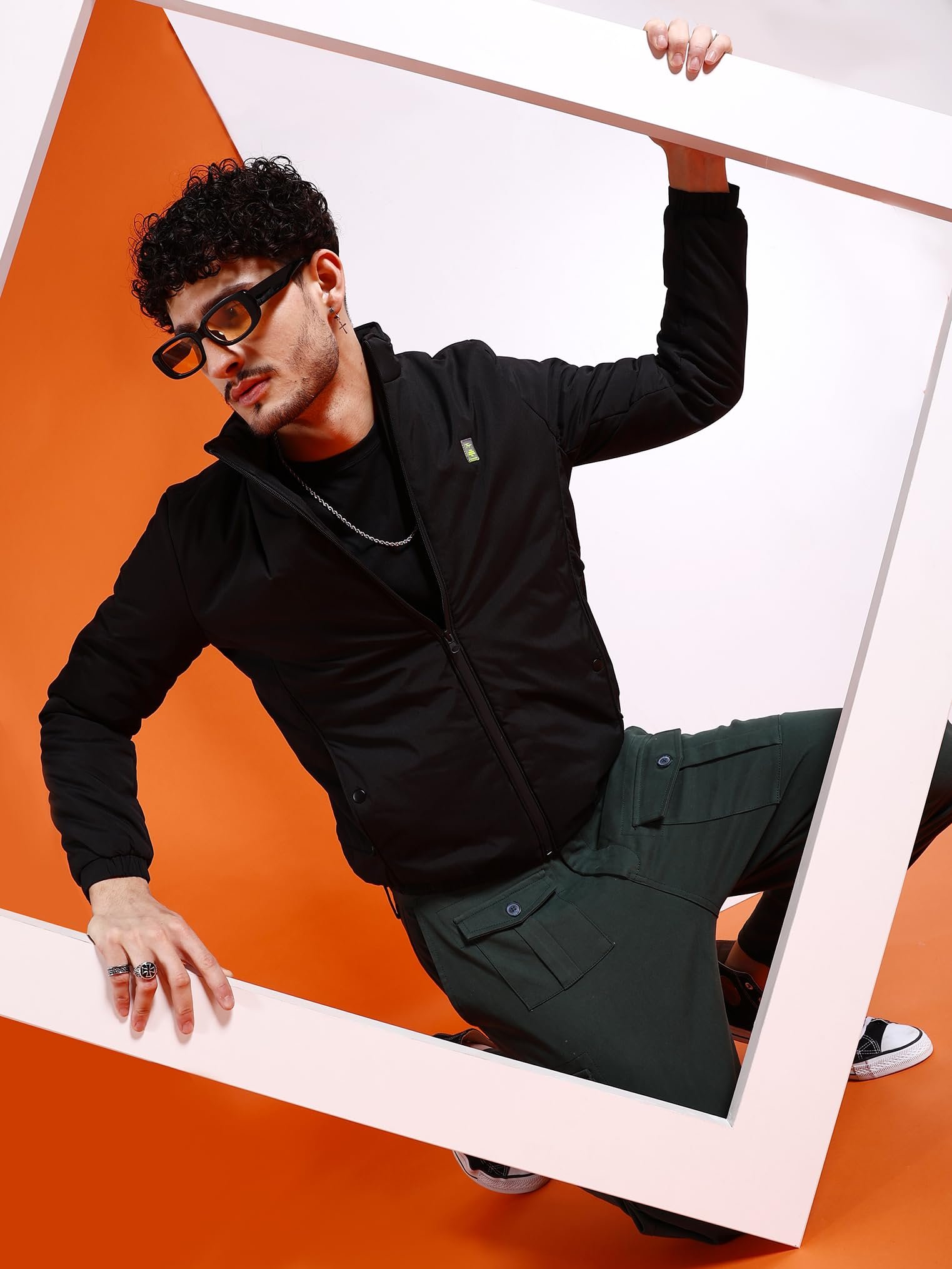 Men Black Regular Fit Solid Bomber Jacket