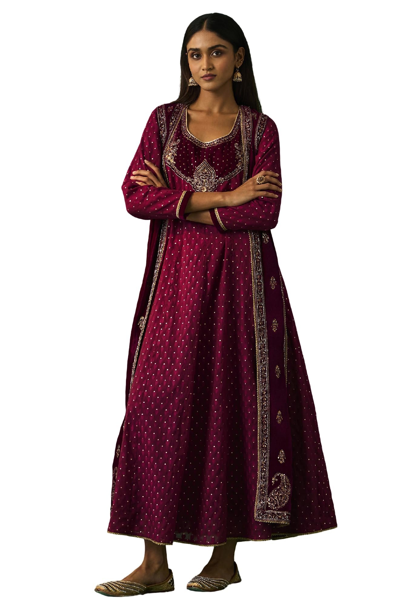 Women's Maroon Embroidered Anarkali Gilet with Dress and Churidar Set - (SP12855-218120)