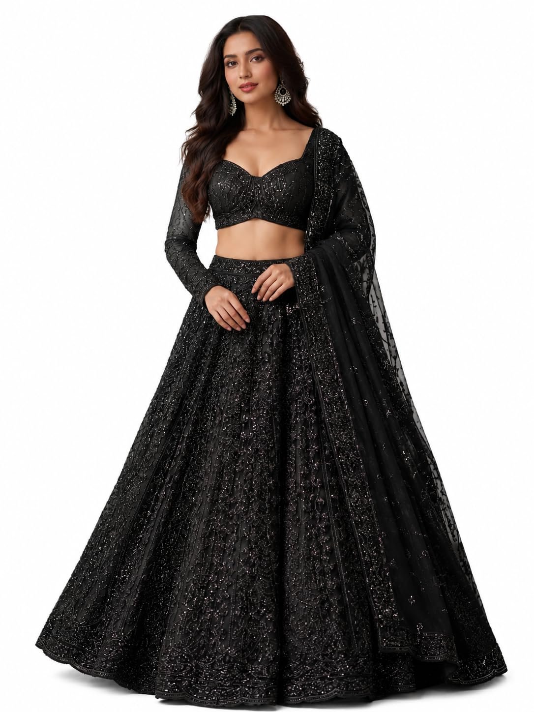 Black Georgette Lehenga Choli Set for Women, Ethnic Style, Handwork Embroidery, Wedding Occasion, 3 Piece Set (Black)