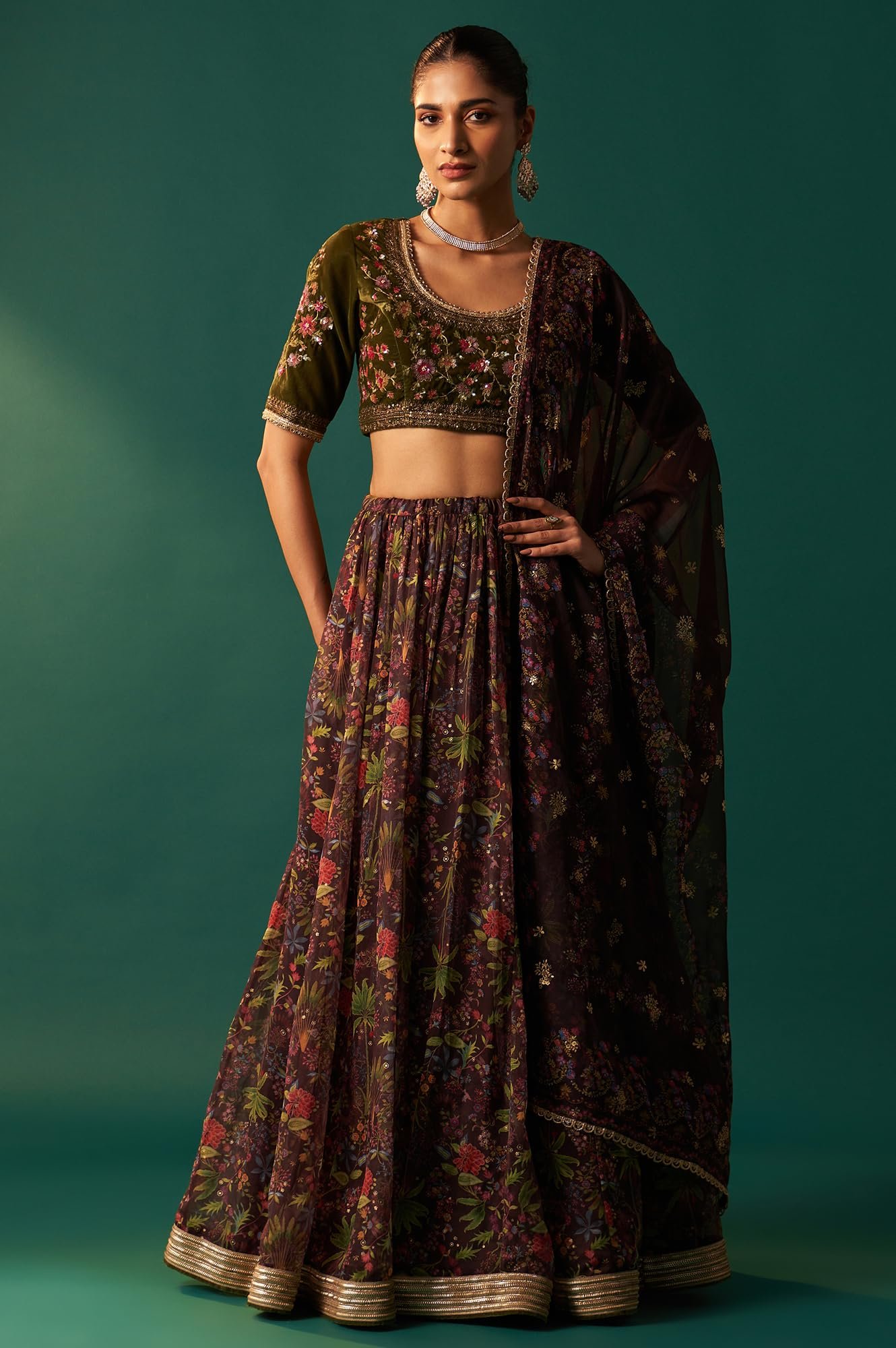 Women's Green Embroidered Velvet Blouse with Floral Printed Skirt and Dupatta Set (SP12875-223812)