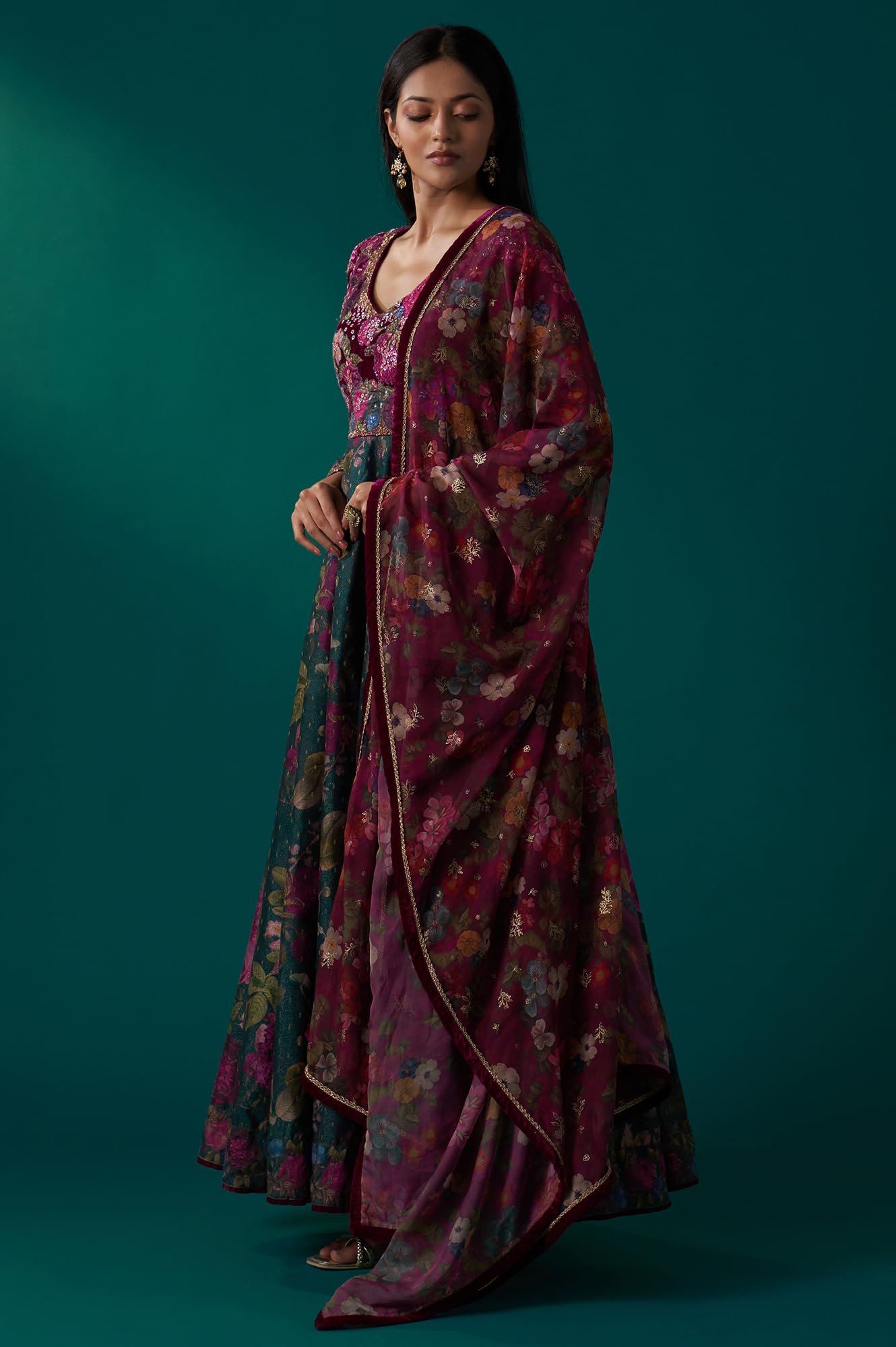 Women's Green Floral Printed Sequined Yoke Festive Anarkali Dress with Churidar and Dupatta Set (SP12848-126754)