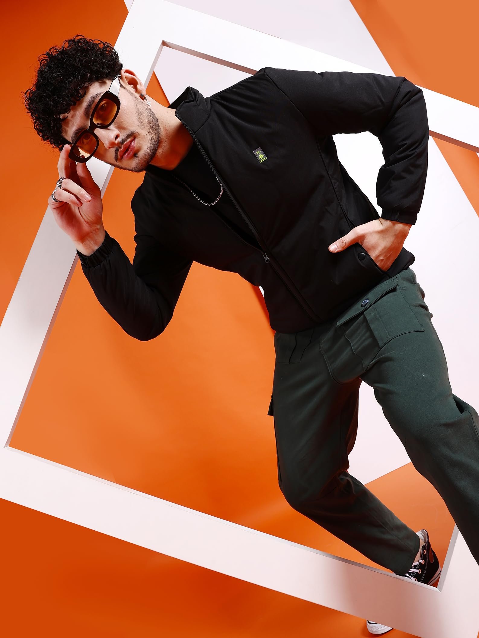 Men Black Regular Fit Solid Bomber Jacket
